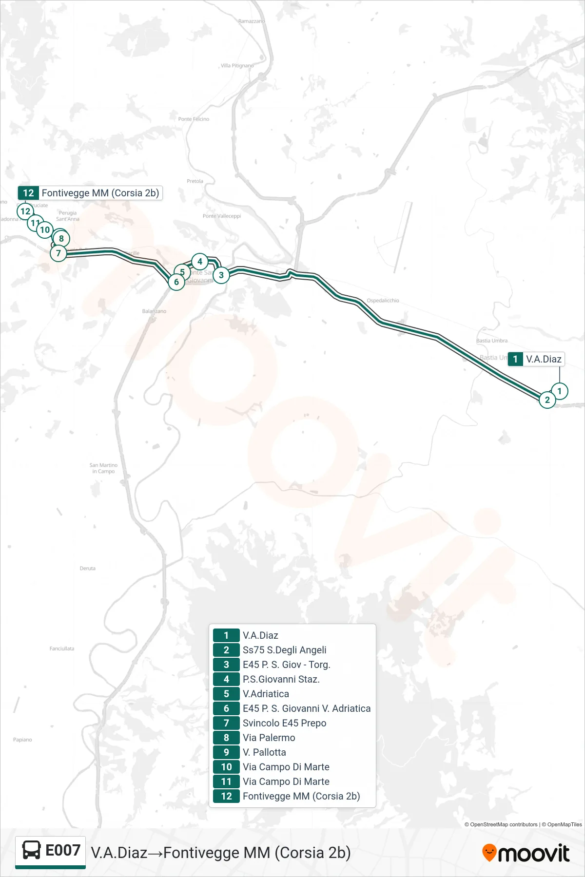 Linea E007  bus (V.A.Diaz‎→Fontivegge M​M (Corsia 2b)) - Percorsi e fermate sulla mappa