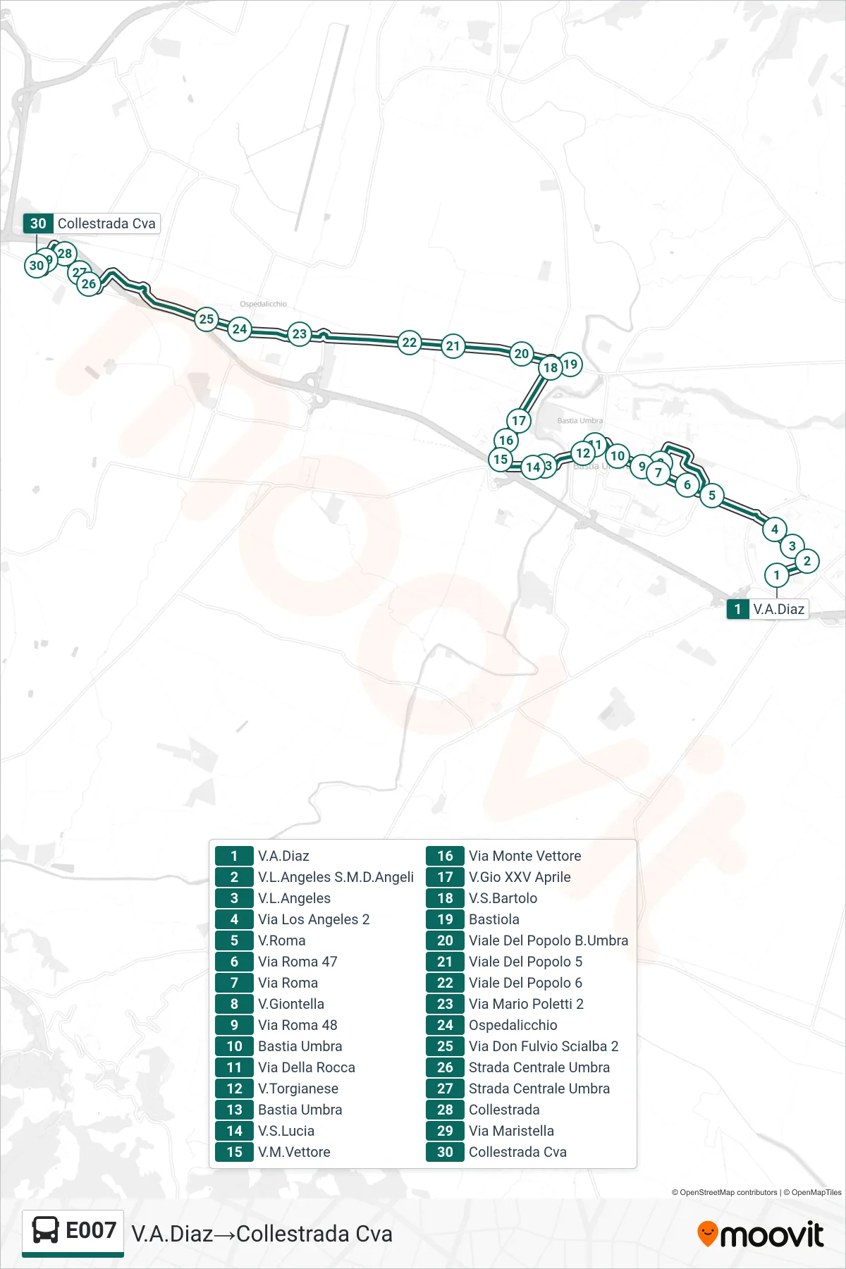 Linea E007  bus (V.A.Diaz‎→Collestrada Cva) - Percorsi e fermate sulla mappa