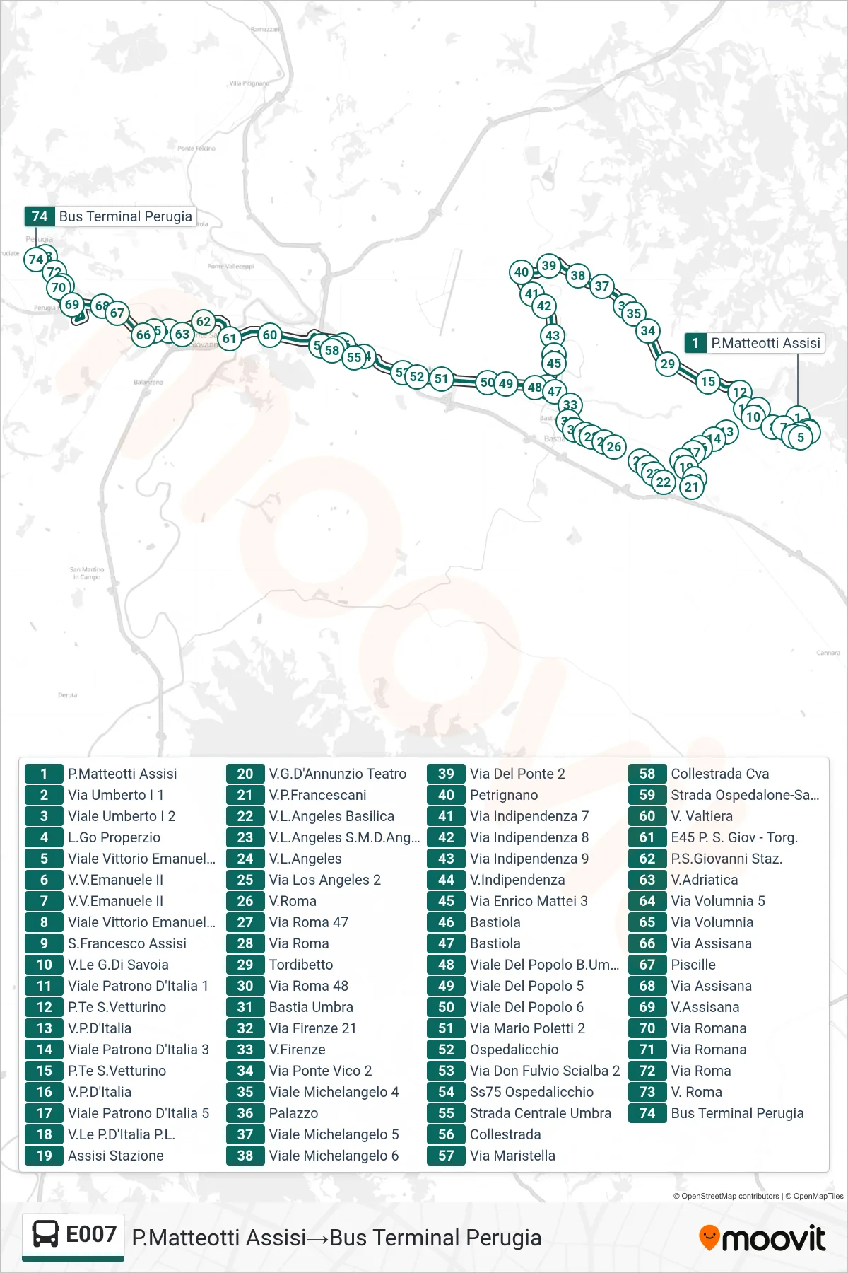Linea E007  bus (P.Matteotti Assisi‎→Bus Terminal Perugia) - Percorsi e fermate sulla mappa