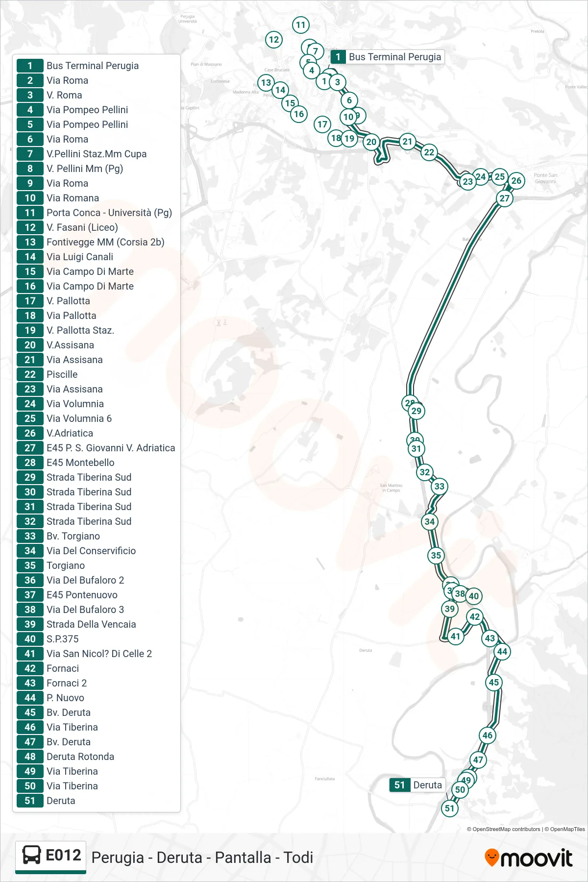 Linea E012 bus (Bus Terminal Perugia→Deruta) - Percorsi e fermate sulla mappa