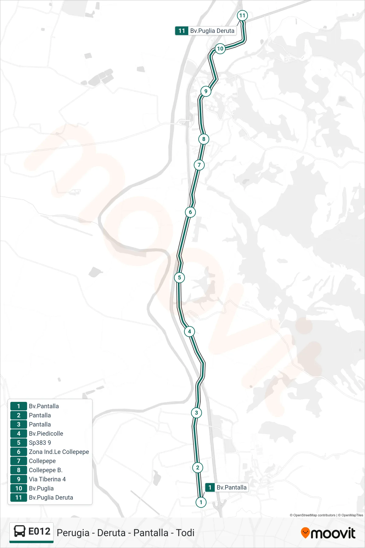 Linea E012 bus (Bv.Pantalla→Bv.Puglia Deruta) - Percorsi e fermate sulla mappa