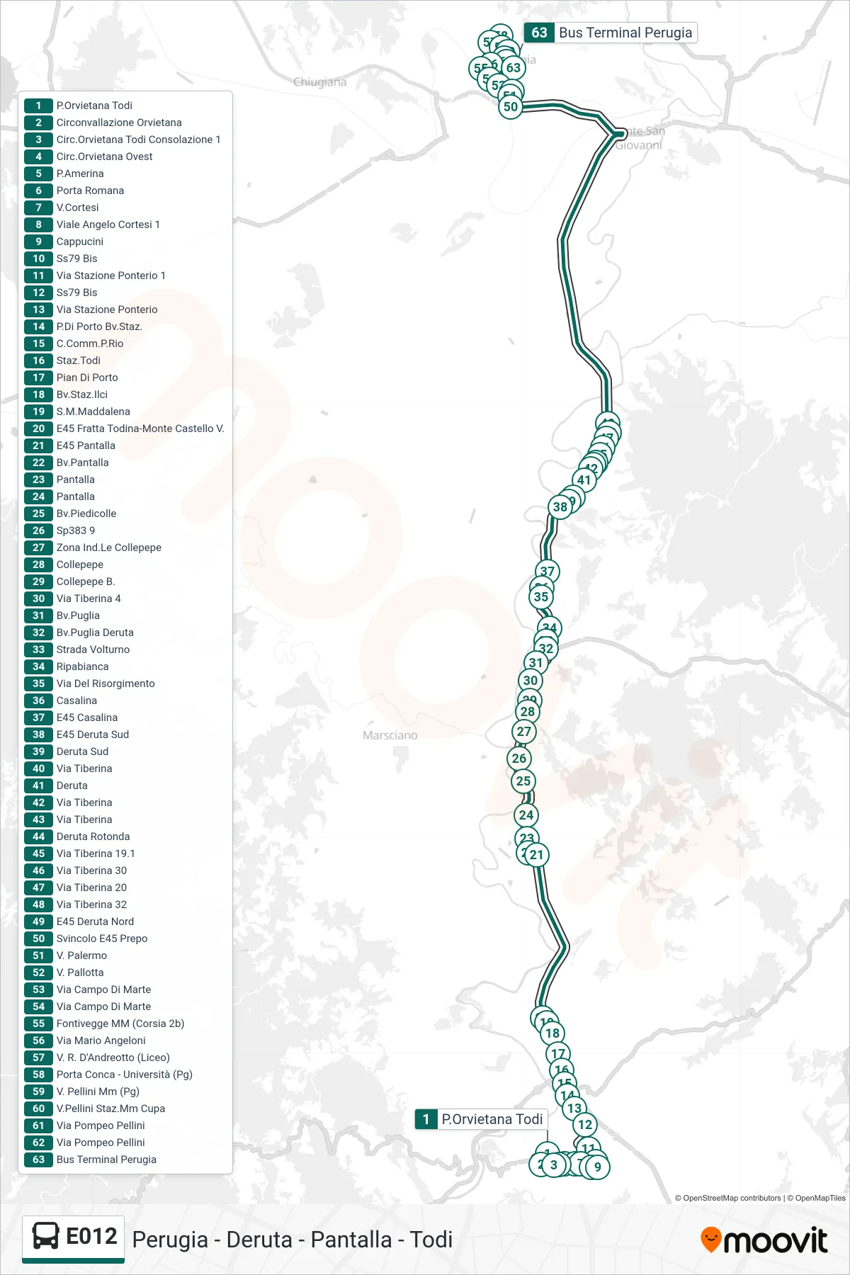 Linea E012 bus (P.Orvietana Todi→Bus Terminal Perugia) - Percorsi e fermate sulla mappa