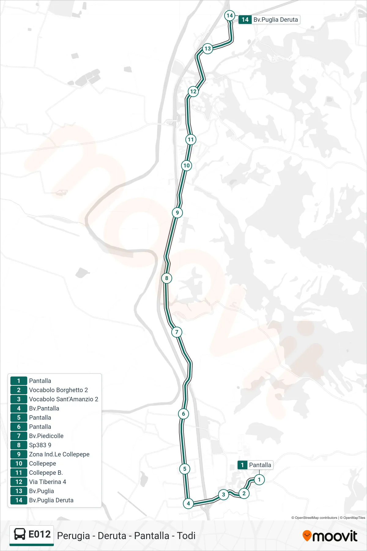 Linea E012  bus (Pantalla‎→Bv.Puglia Deruta) - Percorsi e fermate sulla mappa