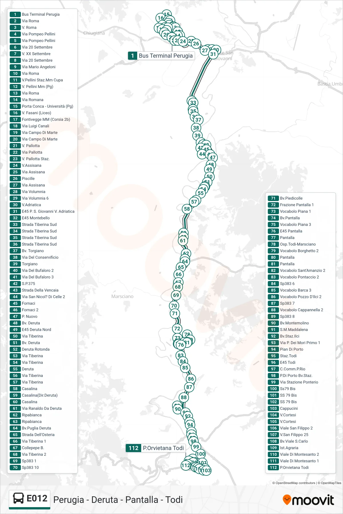 Linea E012 bus (Bus Terminal Perugia→P.Orvietana Todi) - Percorsi e fermate sulla mappa