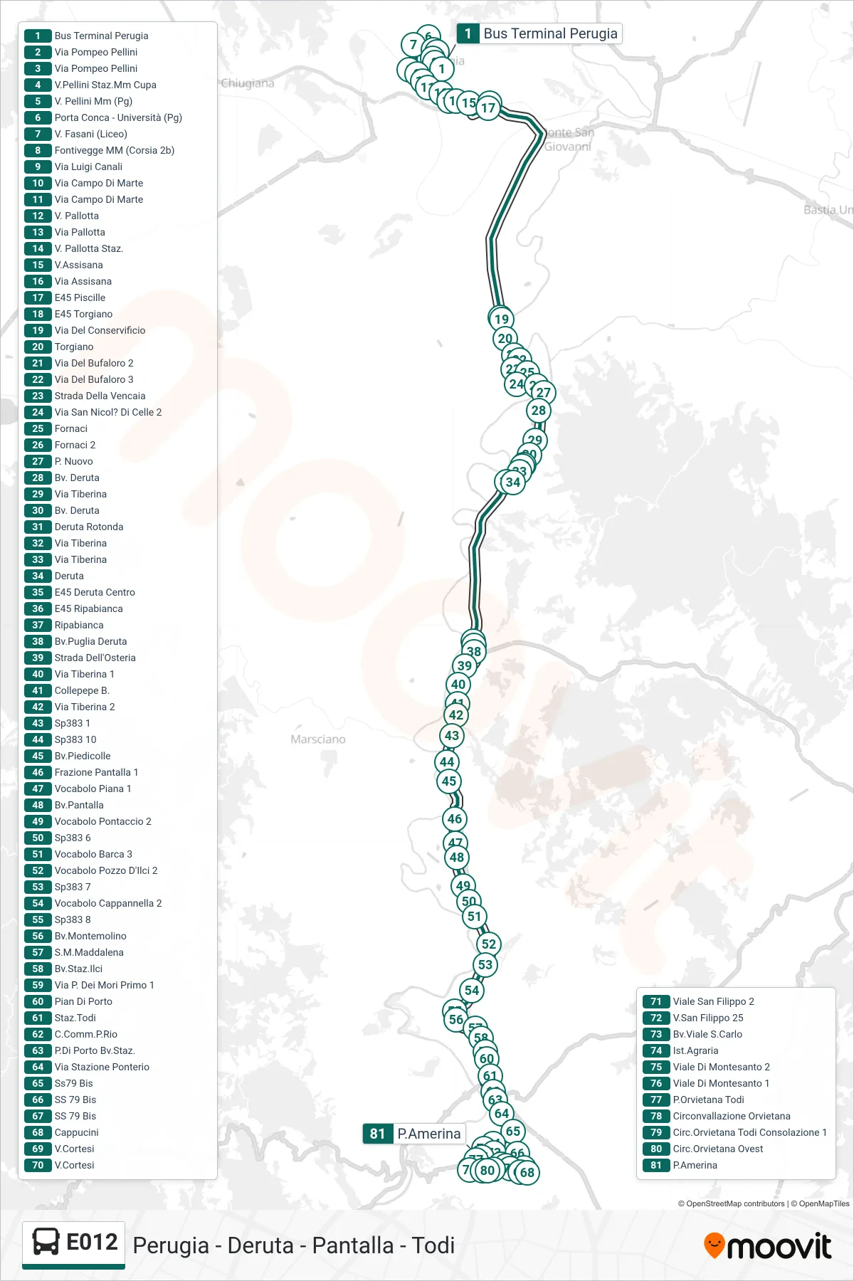 Linea E012  bus (Bus Terminal Perugia‎→P.Amerina) - Percorsi e fermate sulla mappa