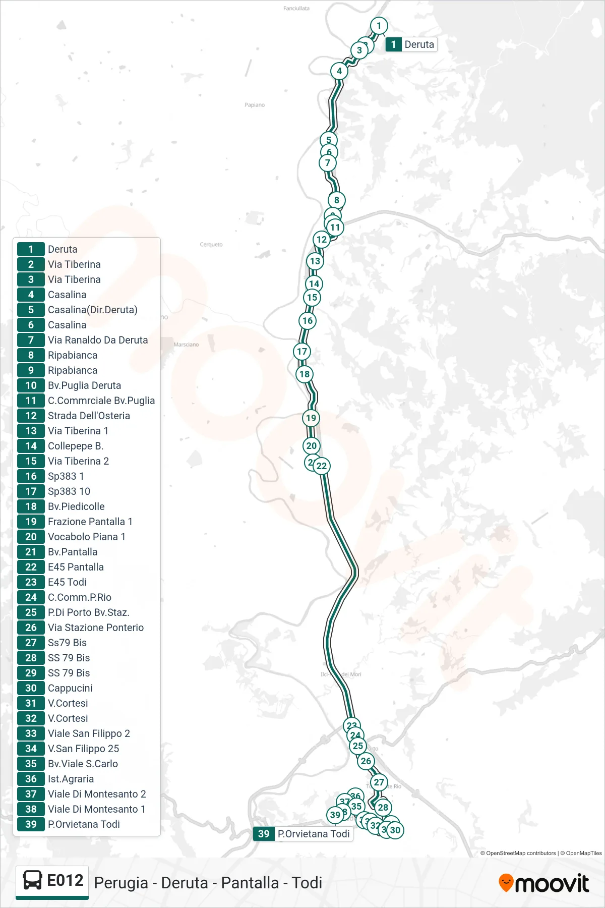 Linea E012 bus (Deruta→P.Orvietana Todi) - Percorsi e fermate sulla mappa