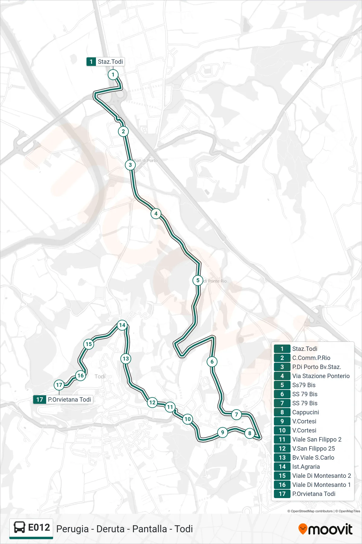 Linea E012  bus (Staz.Todi‎→P.Orvietana Todi) - Percorsi e fermate sulla mappa
