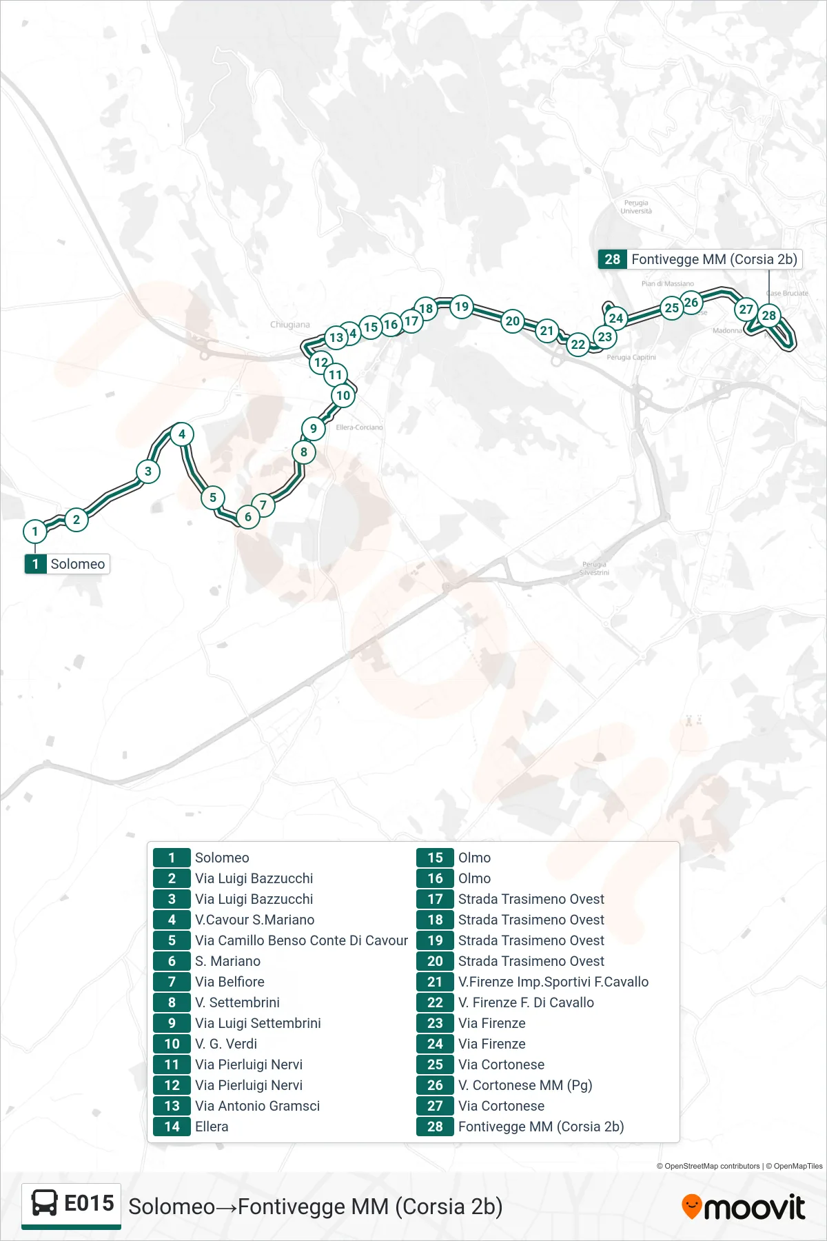 Linea E015  bus (Solomeo‎→Fontivegge M​M (Corsia 2b)) - Percorsi e fermate sulla mappa