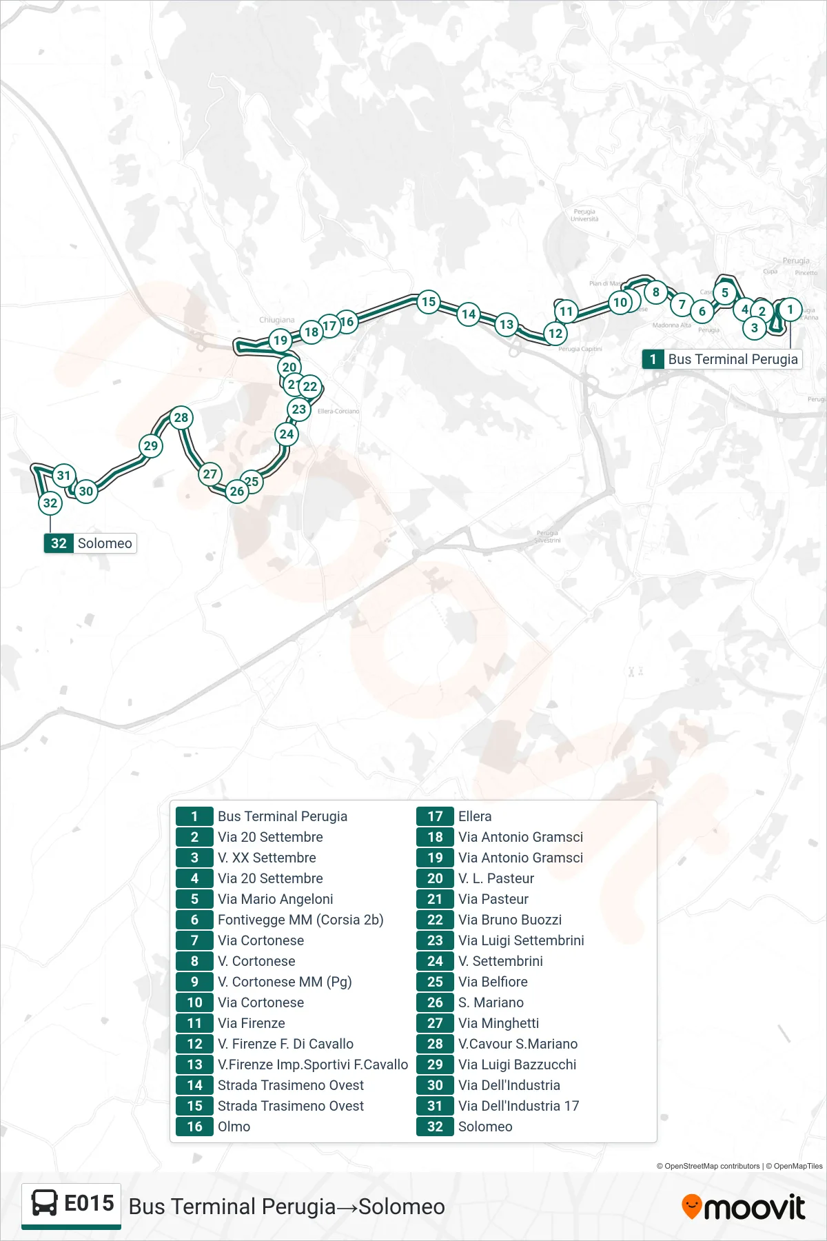 Linea E015 bus (Bus Terminal Perugia→Solomeo) - Percorsi e fermate sulla mappa