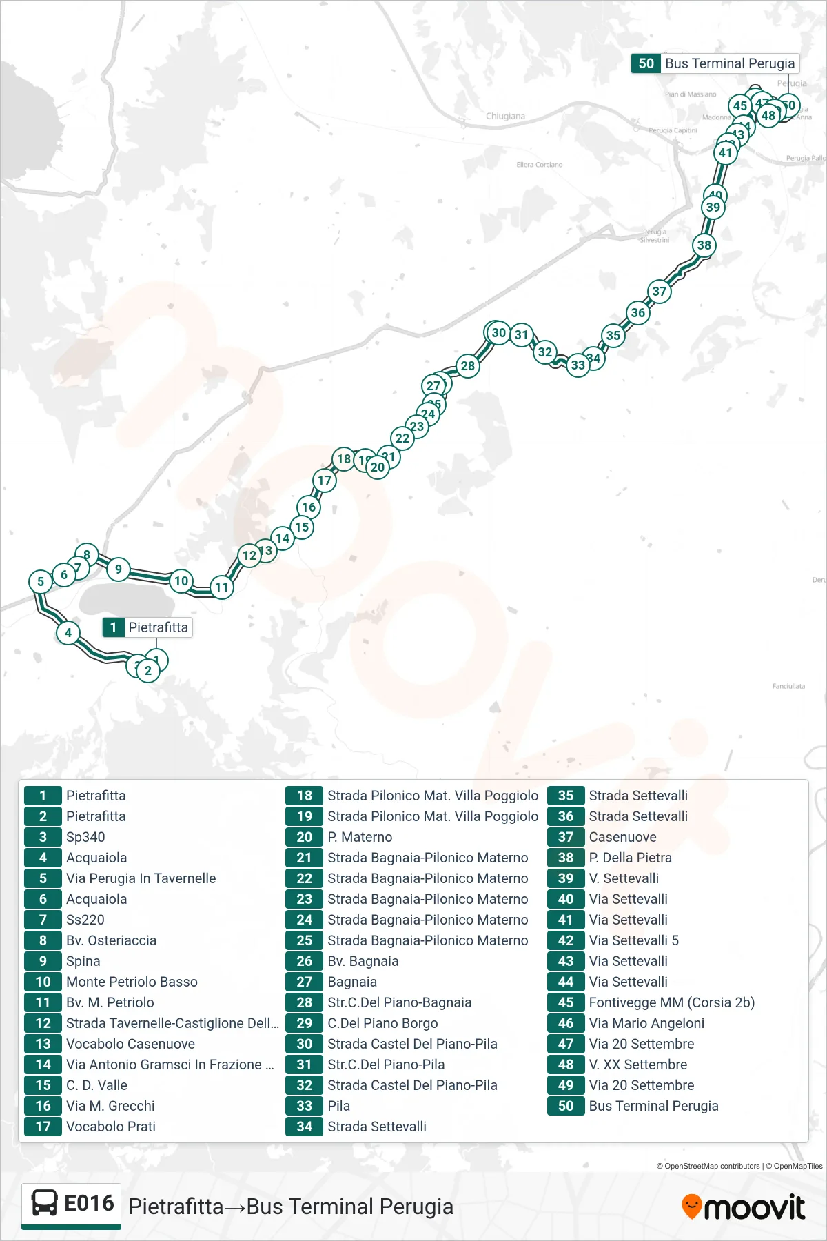 Linea E016  bus (Pietrafitta‎→Bus Terminal Perugia) - Percorsi e fermate sulla mappa