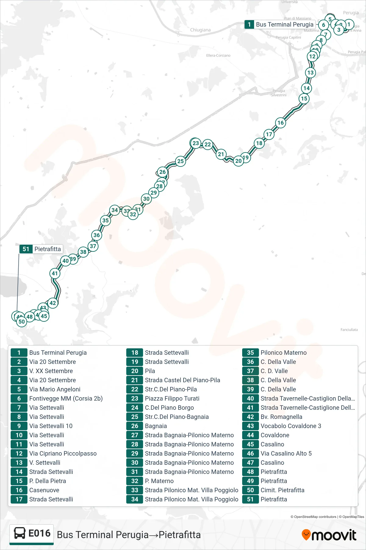 E016 bus Line (Perugia Bus Terminal→Pietrafitta) route and stops on a map
