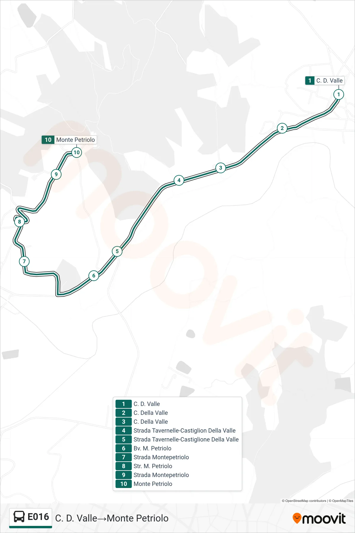 Linea E016  bus (C. D. Valle‎→Monte Petriolo) - Percorsi e fermate sulla mappa