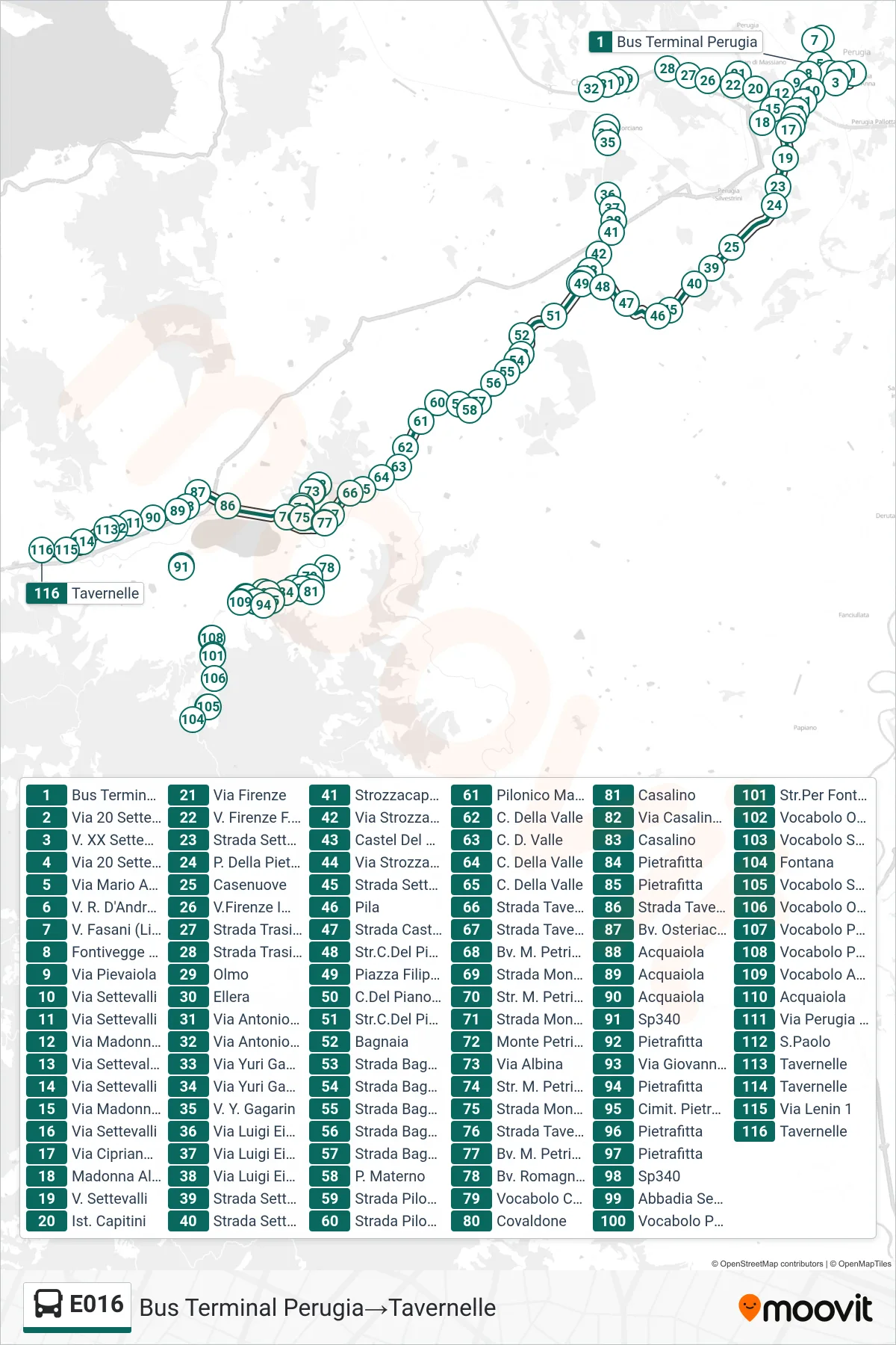 E016 bus Line (Perugia Bus Terminal→Tavernelle) route and stops on a map