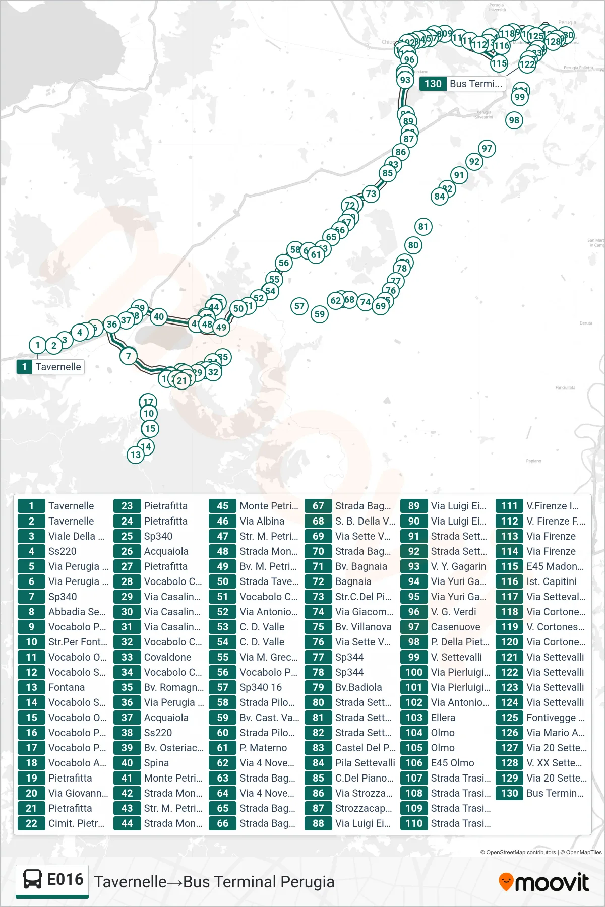 Linea E016 bus (Tavernelle→Bus Terminal Perugia) - Percorsi e fermate sulla mappa