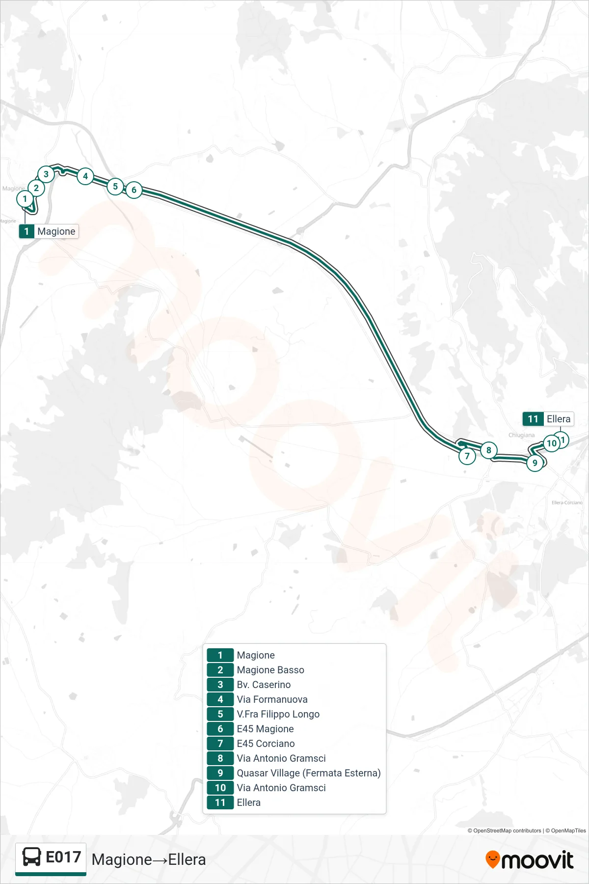 Linea E017  bus (Magione‎→Ellera) - Percorsi e fermate sulla mappa