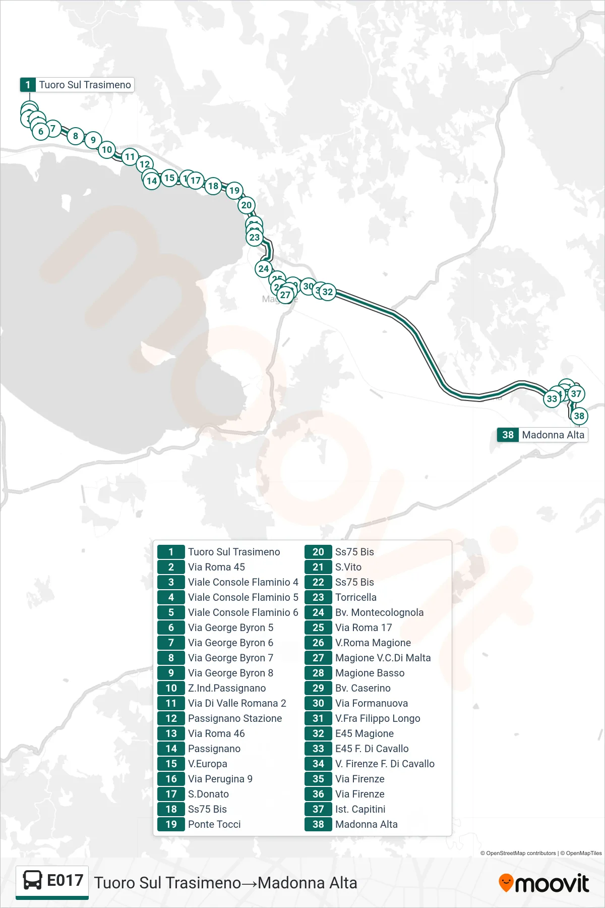 E017 bus Line (Tuoro Sul Trasimeno→Madonna Alta) route and stops on a map