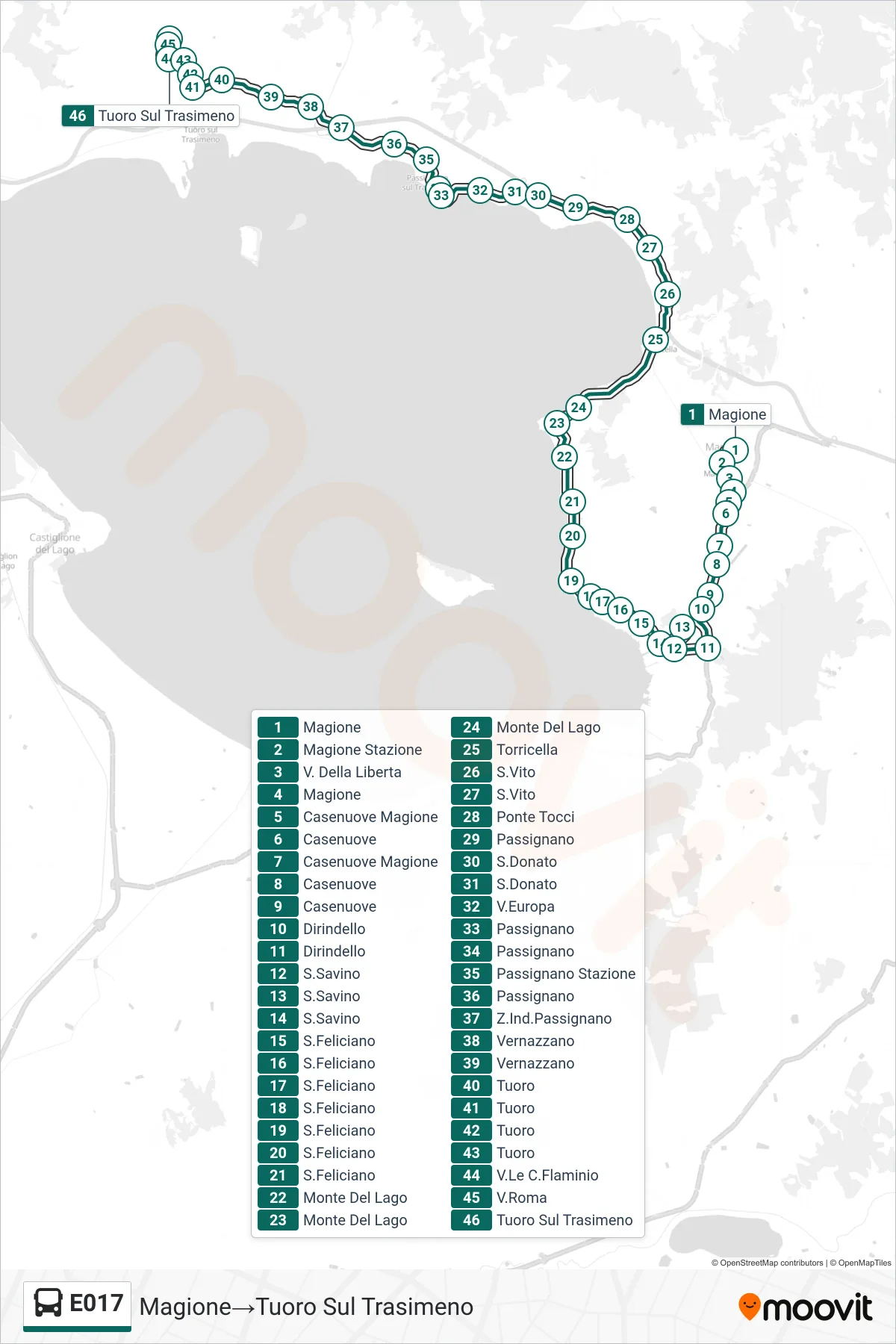 Linea E017  bus (Magione‎→Tuoro Sul Trasimeno) - Percorsi e fermate sulla mappa