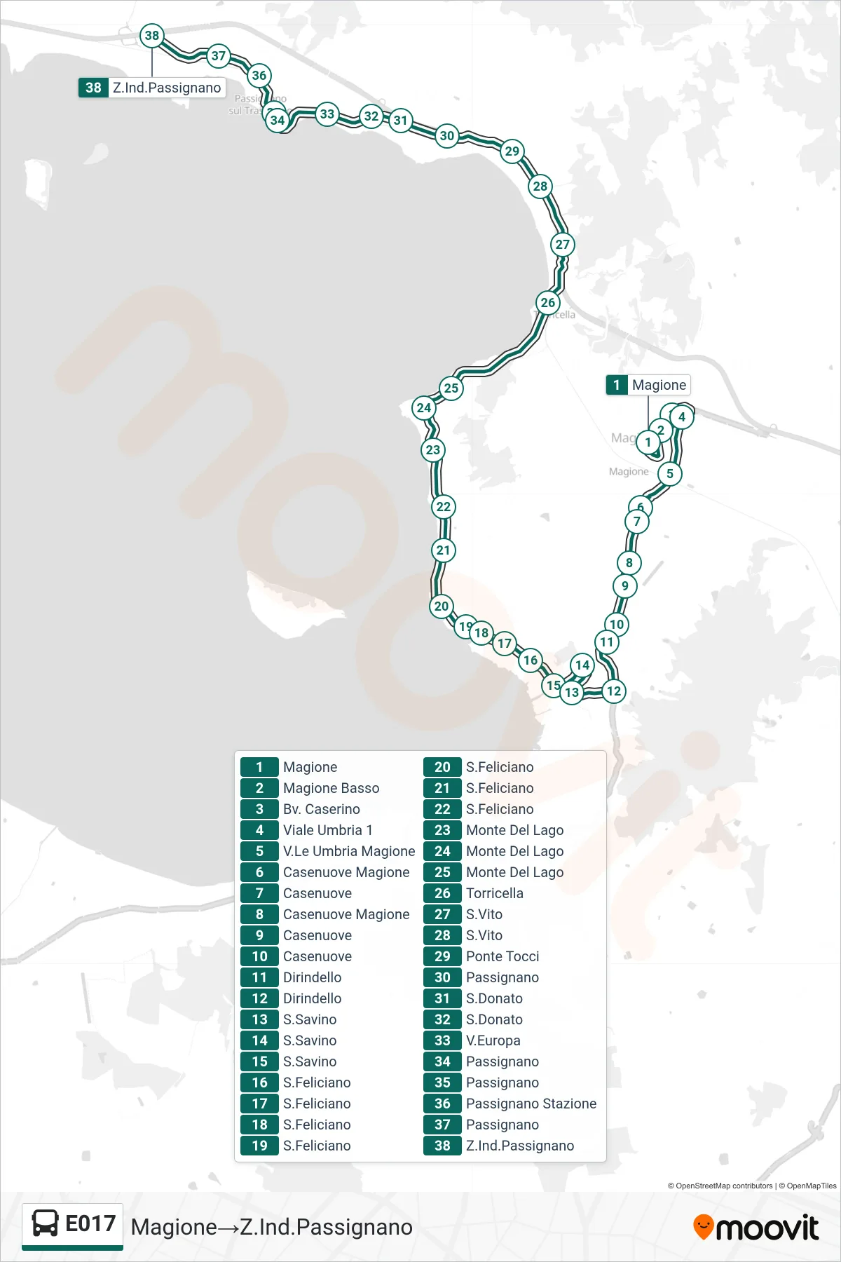 Linea E017  bus (Magione‎→Z.Ind.Passignano) - Percorsi e fermate sulla mappa