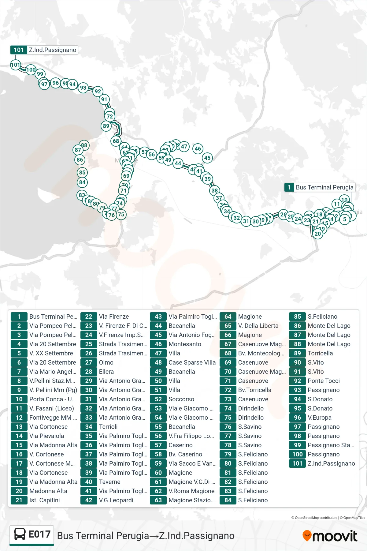 Linea E017  bus (Bus Terminal Perugia‎→Z.Ind.Passignano) - Percorsi e fermate sulla mappa