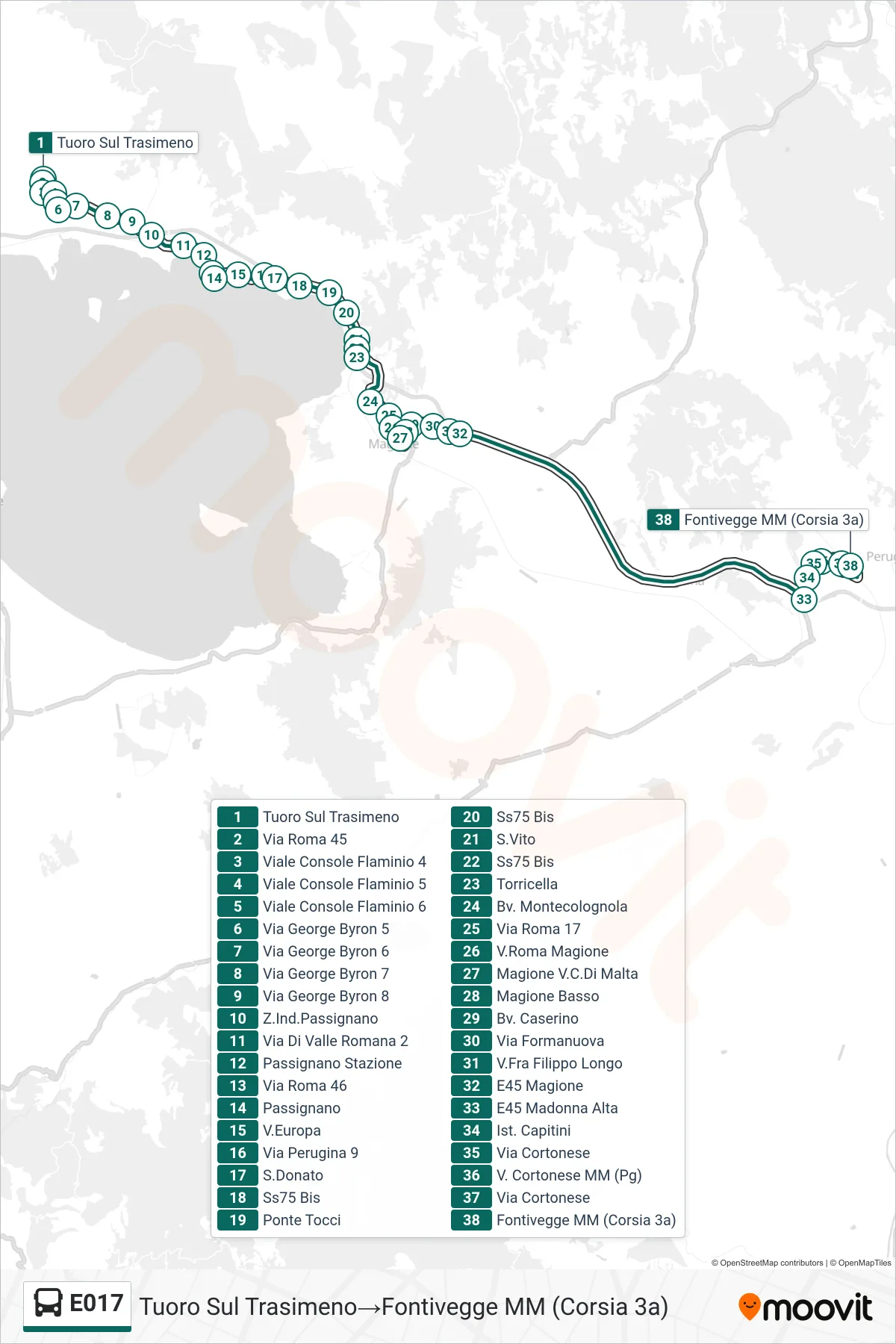 Linea E017  bus (Tuoro Sul Trasimeno‎→Fontivegge M​M (Corsia 3a)) - Percorsi e fermate sulla mappa