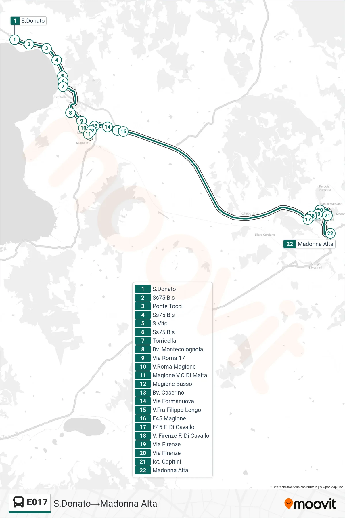 E017 bus Line (Saint Donato→Madonna Alta) route and stops on a map