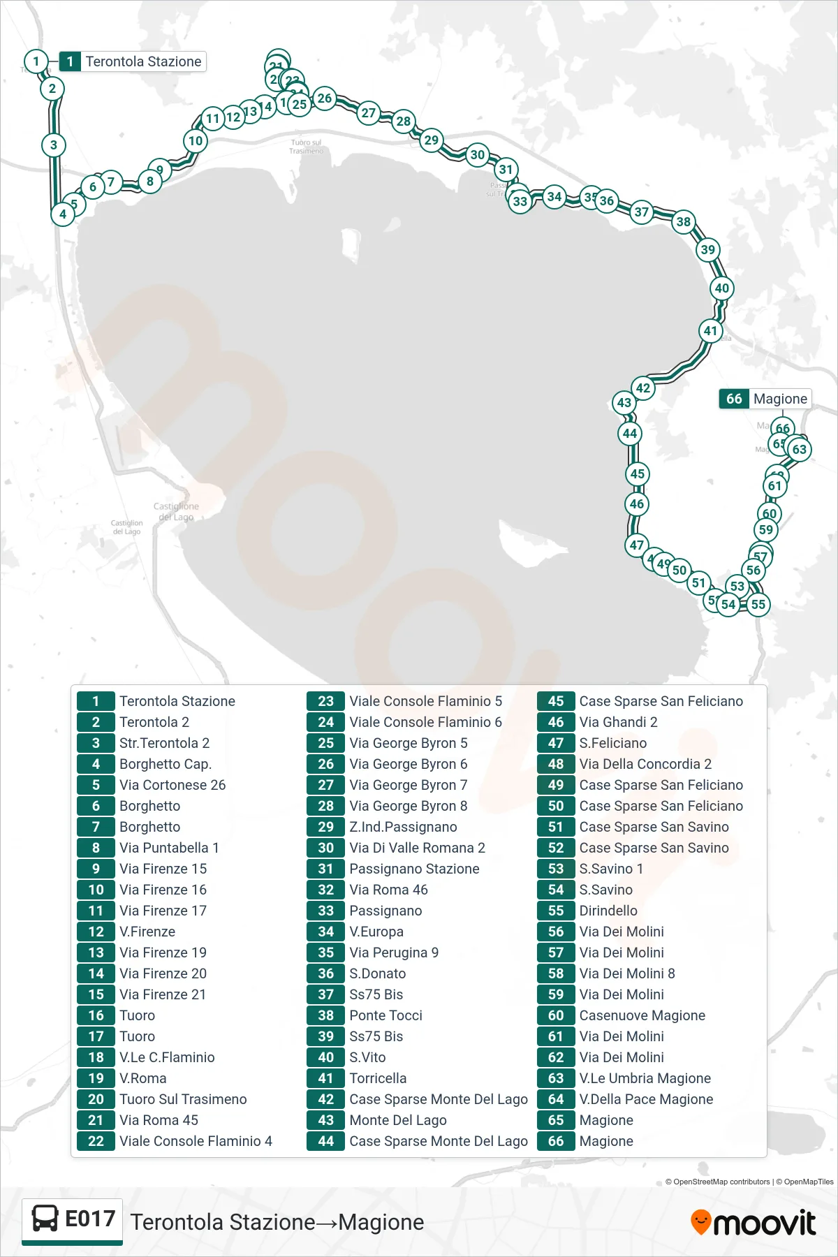 Linea E017  bus (Terontola Stazione‎→Magione) - Percorsi e fermate sulla mappa