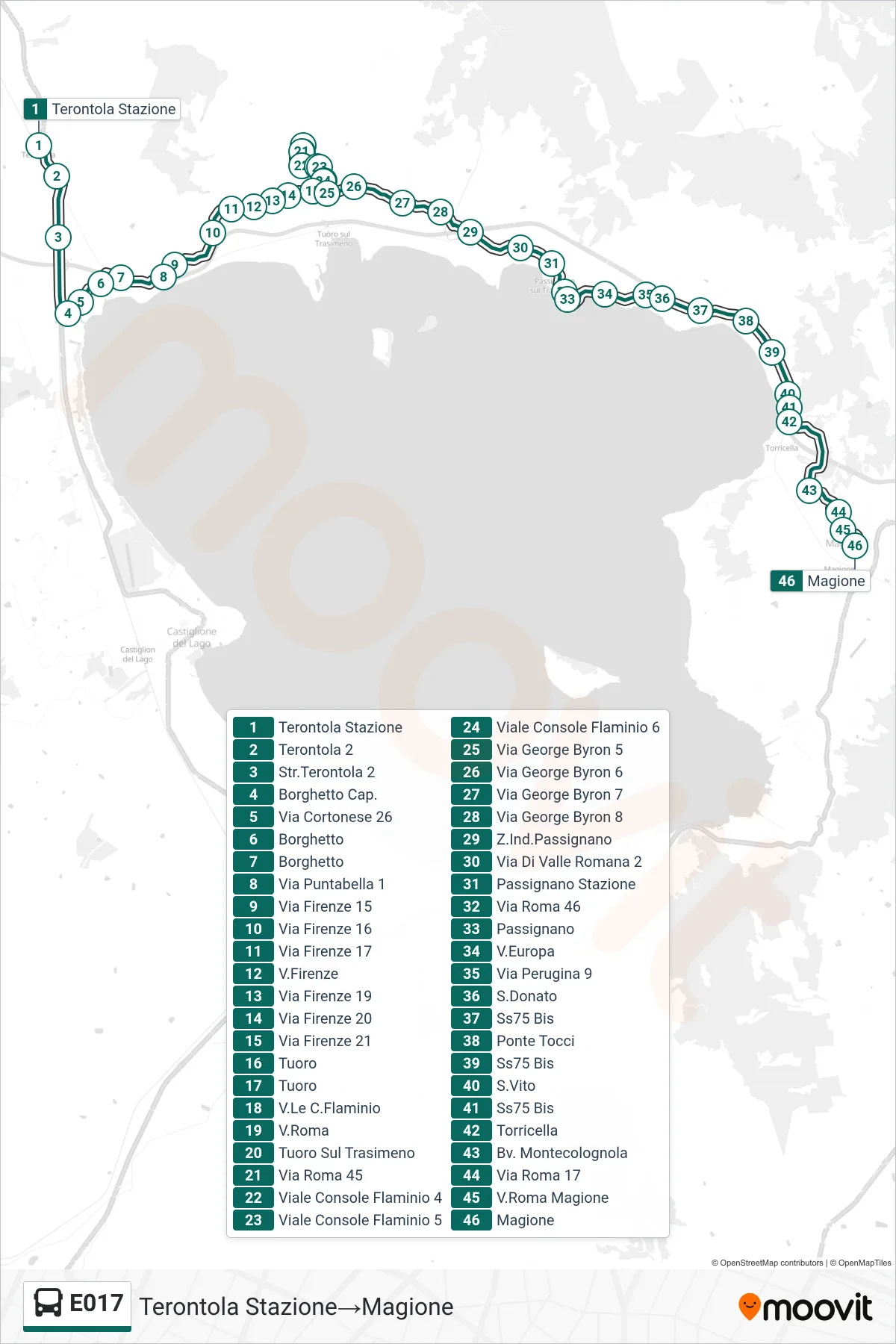 E017 bus Line (Terontola Station→Magione) route and stops on a map