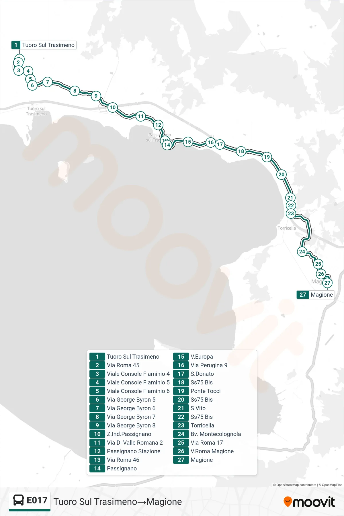 E017 bus Line (Tuoro Sul Trasimeno→Magione) route and stops on a map