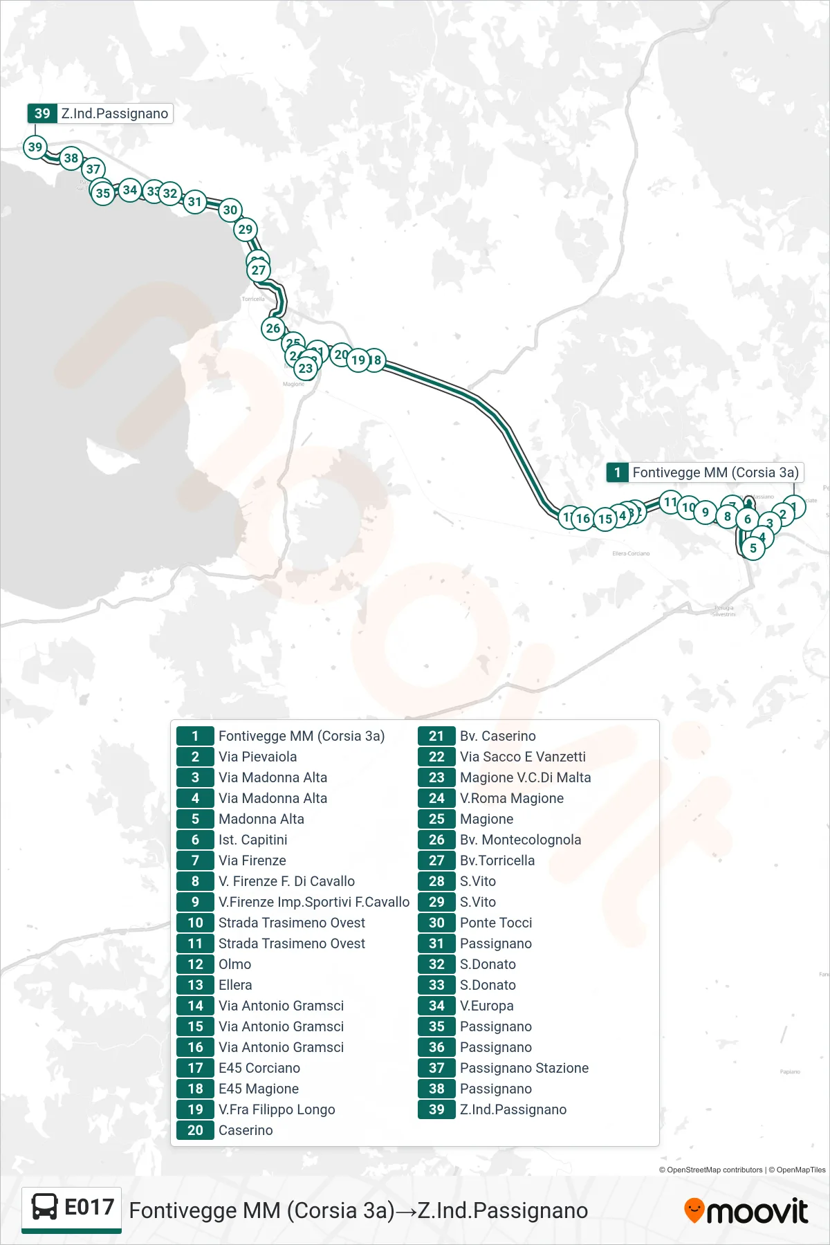 E017 bus Line (Fontivegge MM (Platform 3a)→Industrial Zone Passignano) route and stops on a map