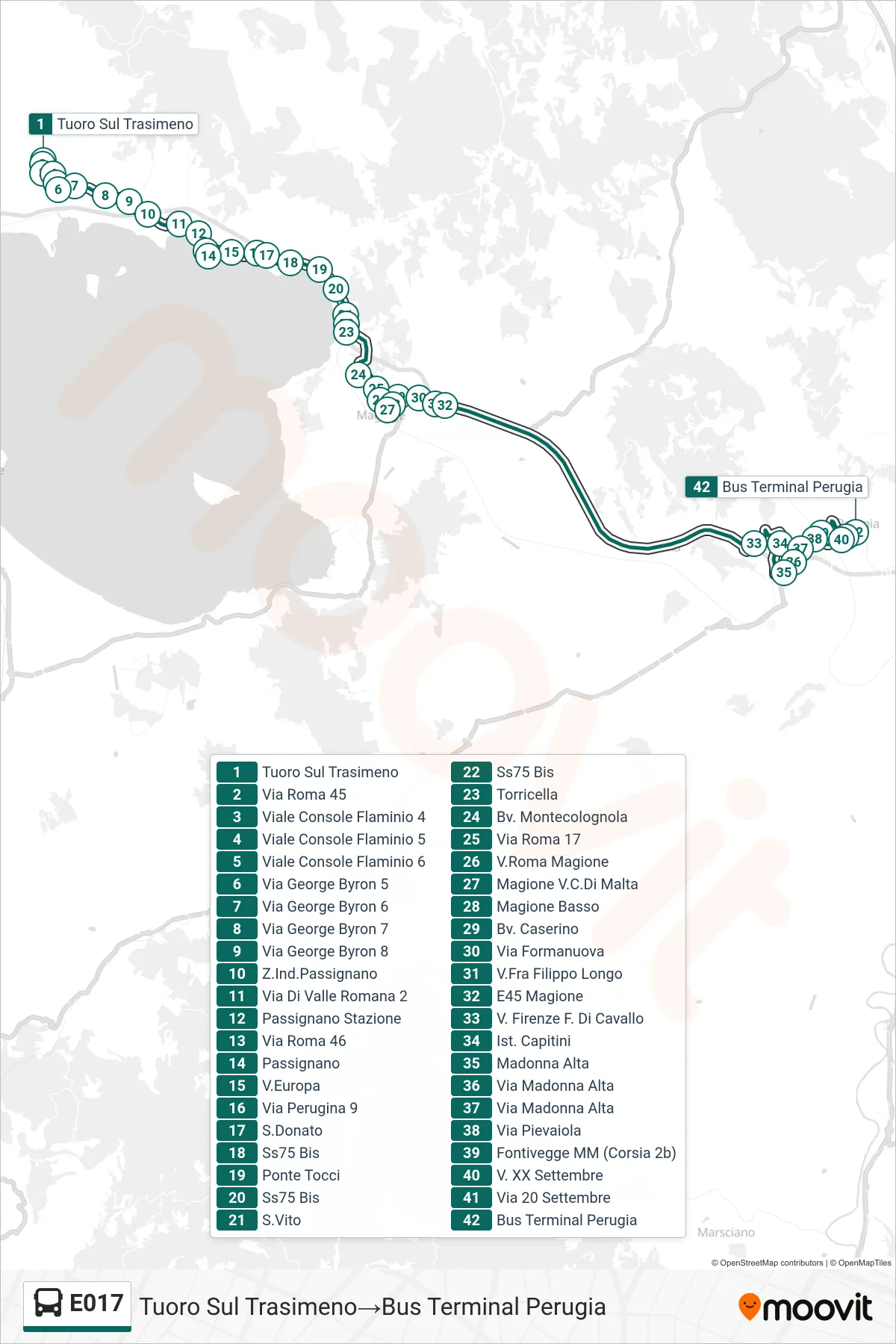 Linea E017  bus (Tuoro Sul Trasimeno‎→Bus Terminal Perugia) - Percorsi e fermate sulla mappa