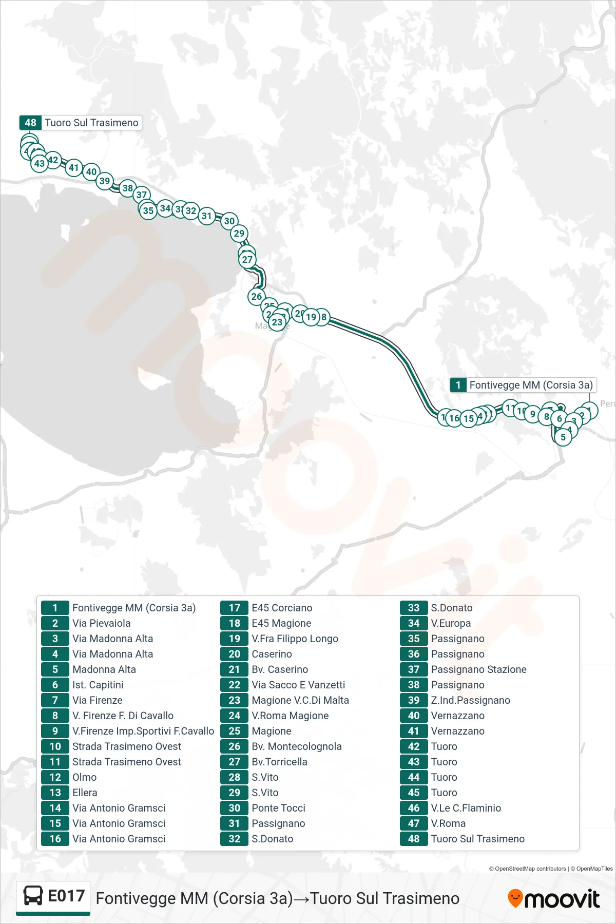 Linea E017  bus (Fontivegge M​M (Corsia 3a)‎→Tuoro Sul Trasimeno) - Percorsi e fermate sulla mappa