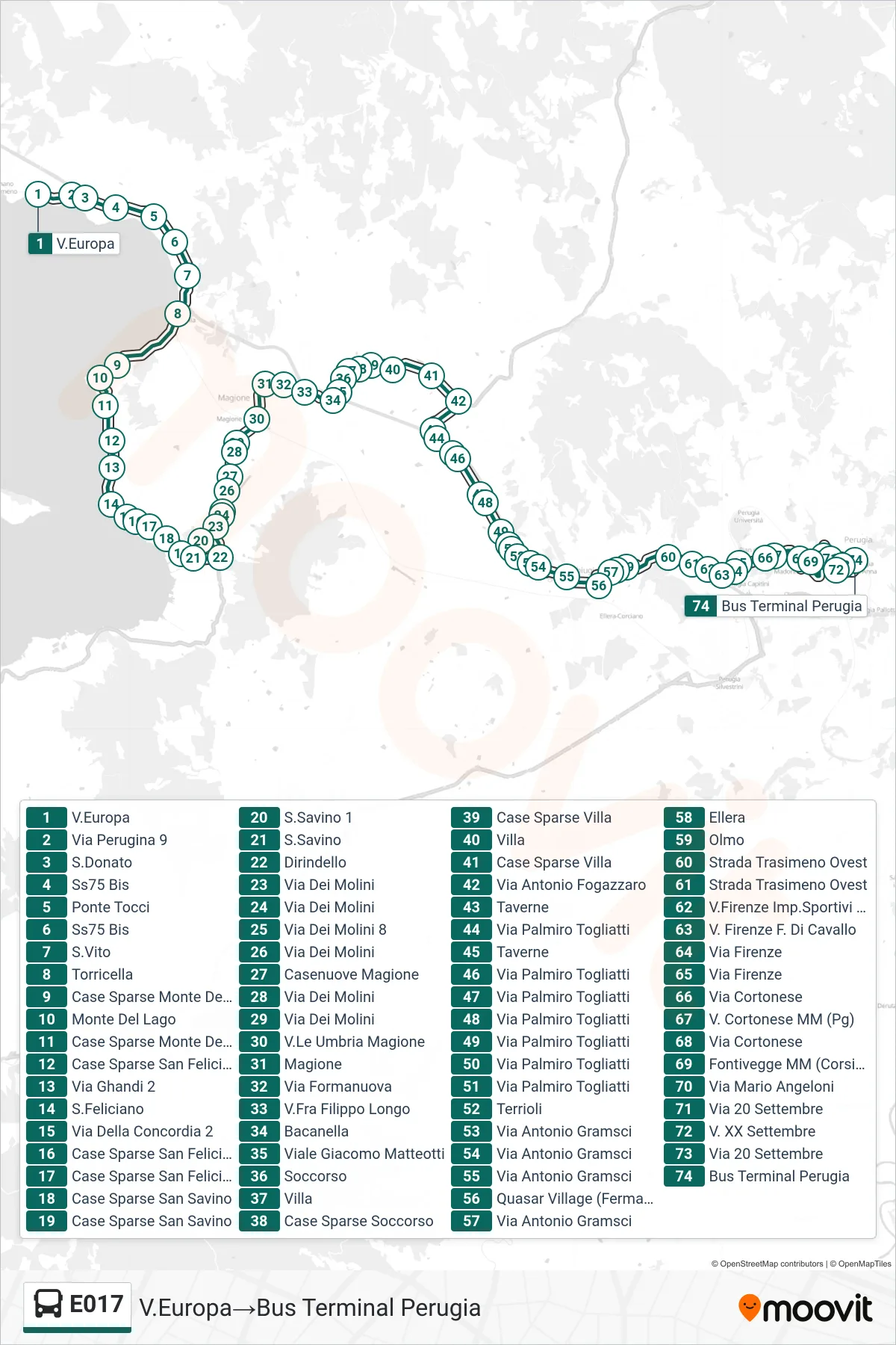 Linea E017 bus (V.Europa→Bus Terminal Perugia) - Percorsi e fermate sulla mappa
