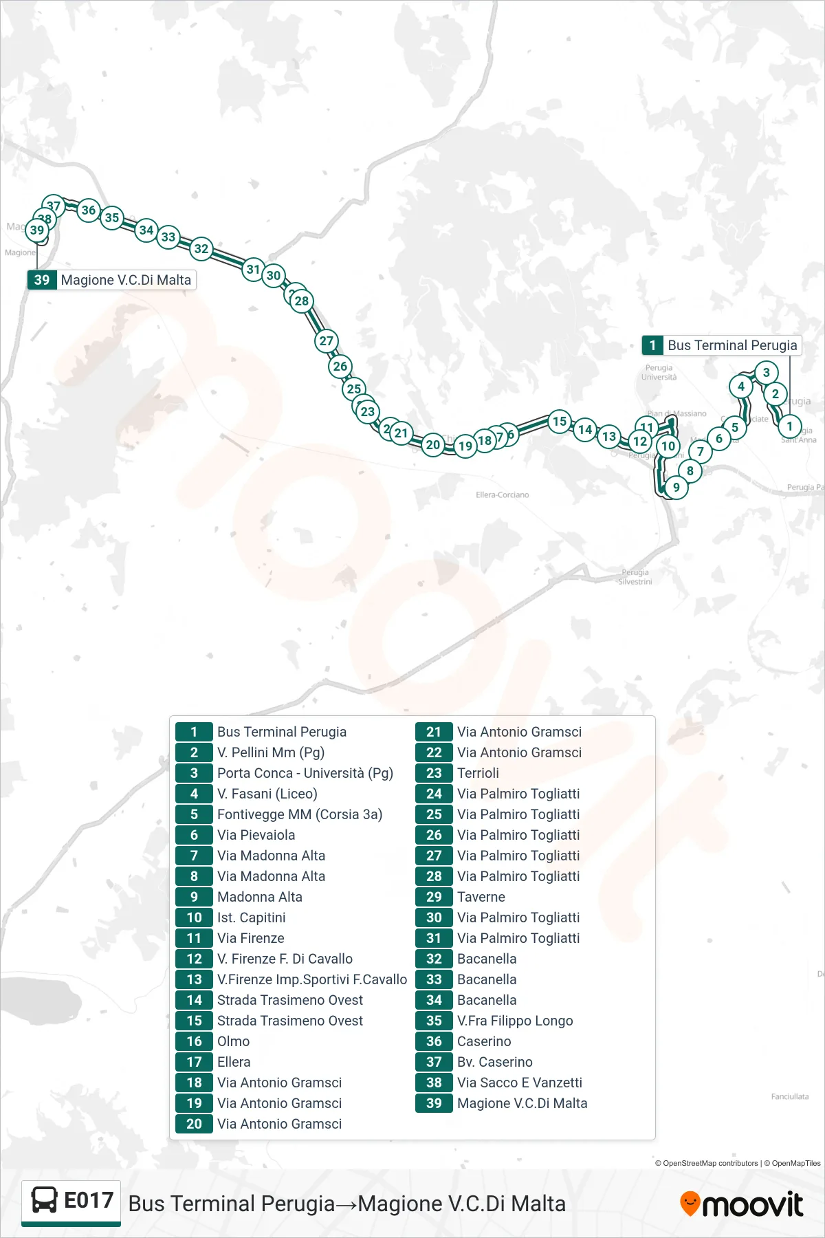 Linea E017  bus (Bus Terminal Perugia‎→Magione V.C.Di Malta) - Percorsi e fermate sulla mappa