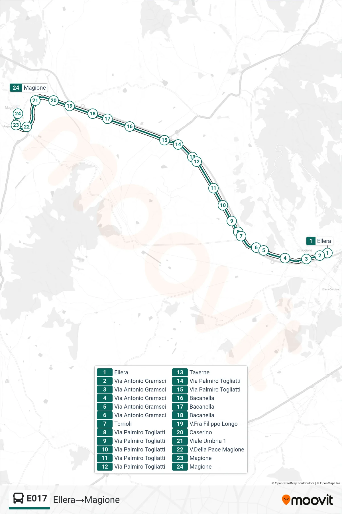 Linea E017  bus (Ellera‎→Magione) - Percorsi e fermate sulla mappa