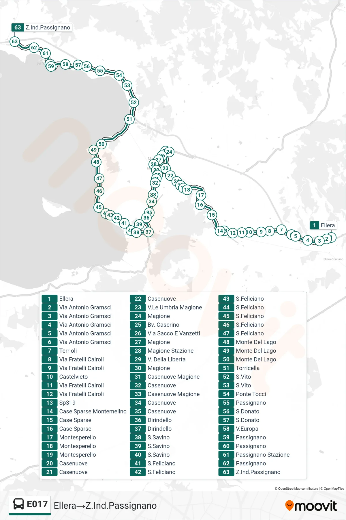 E017 bus Line (Ellera→Industrial Zone Passignano) route and stops on a map