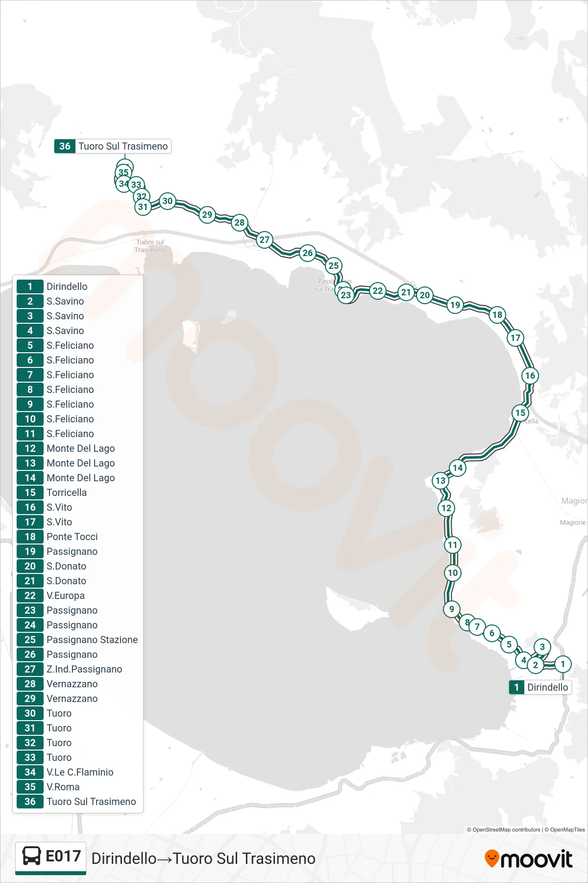 Linea E017  bus (Dirindello‎→Tuoro Sul Trasimeno) - Percorsi e fermate sulla mappa