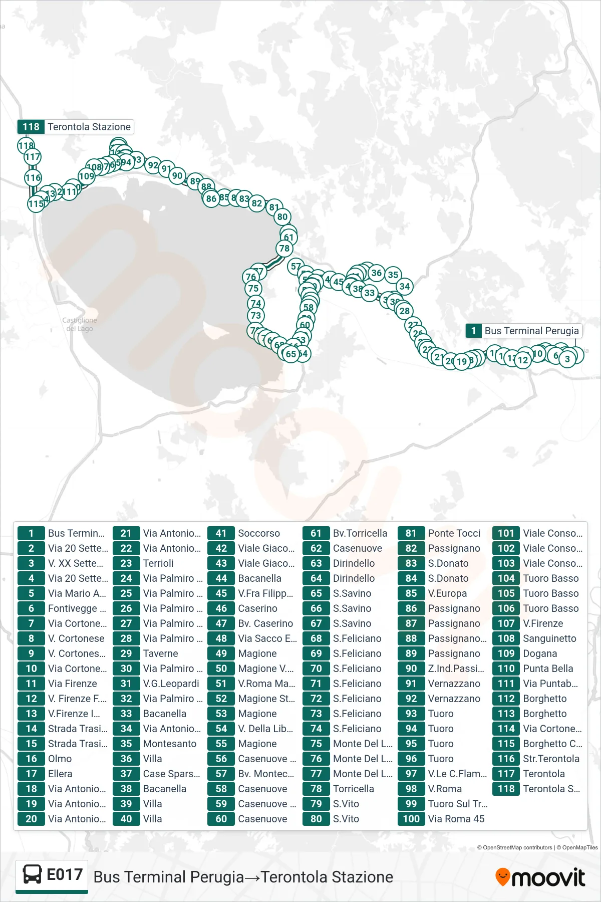 Linea E017  bus (Bus Terminal Perugia‎→Terontola Stazione) - Percorsi e fermate sulla mappa