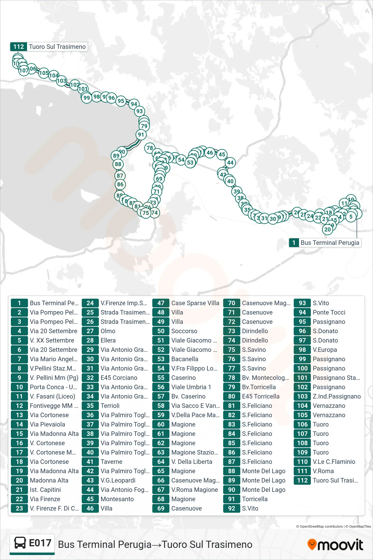 Linea E017  bus (Bus Terminal Perugia‎→Tuoro Sul Trasimeno) - Percorsi e fermate sulla mappa
