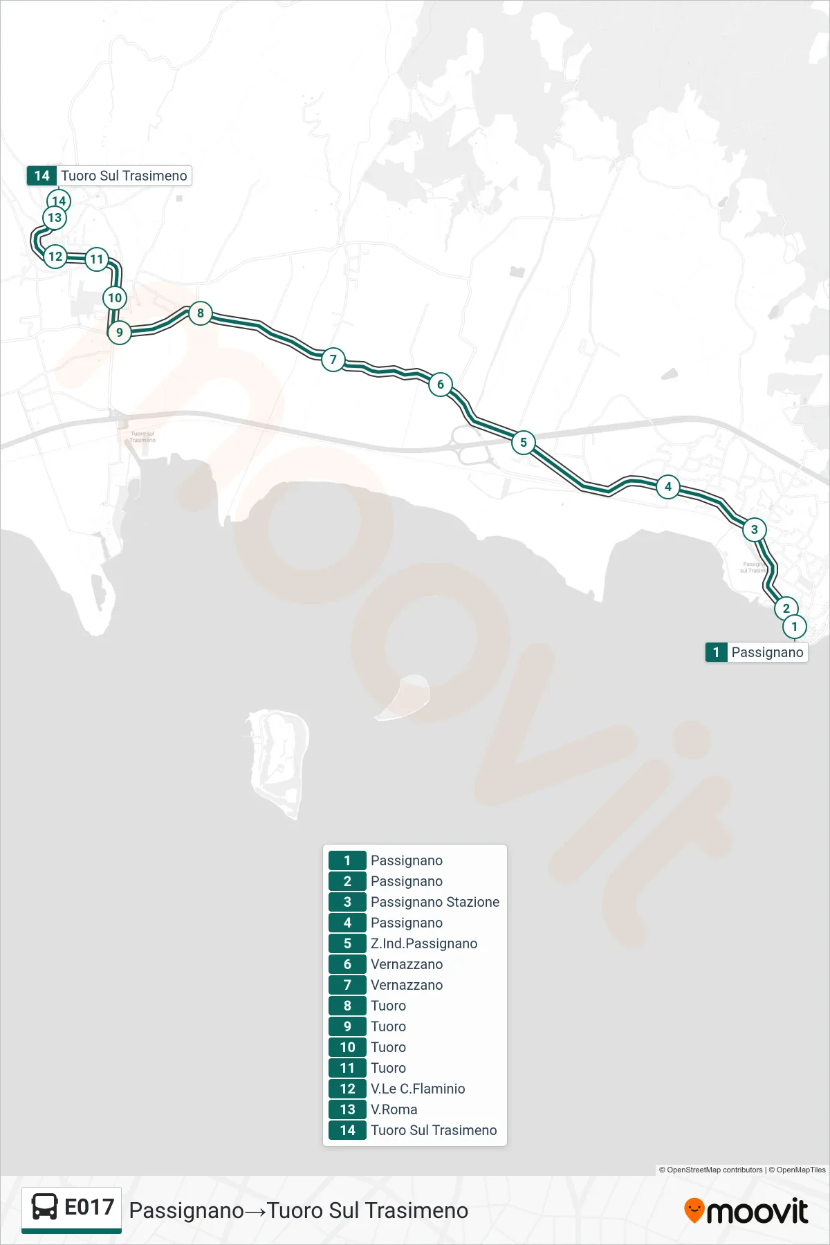 Linea E017  bus (Passignano‎→Tuoro Sul Trasimeno) - Percorsi e fermate sulla mappa