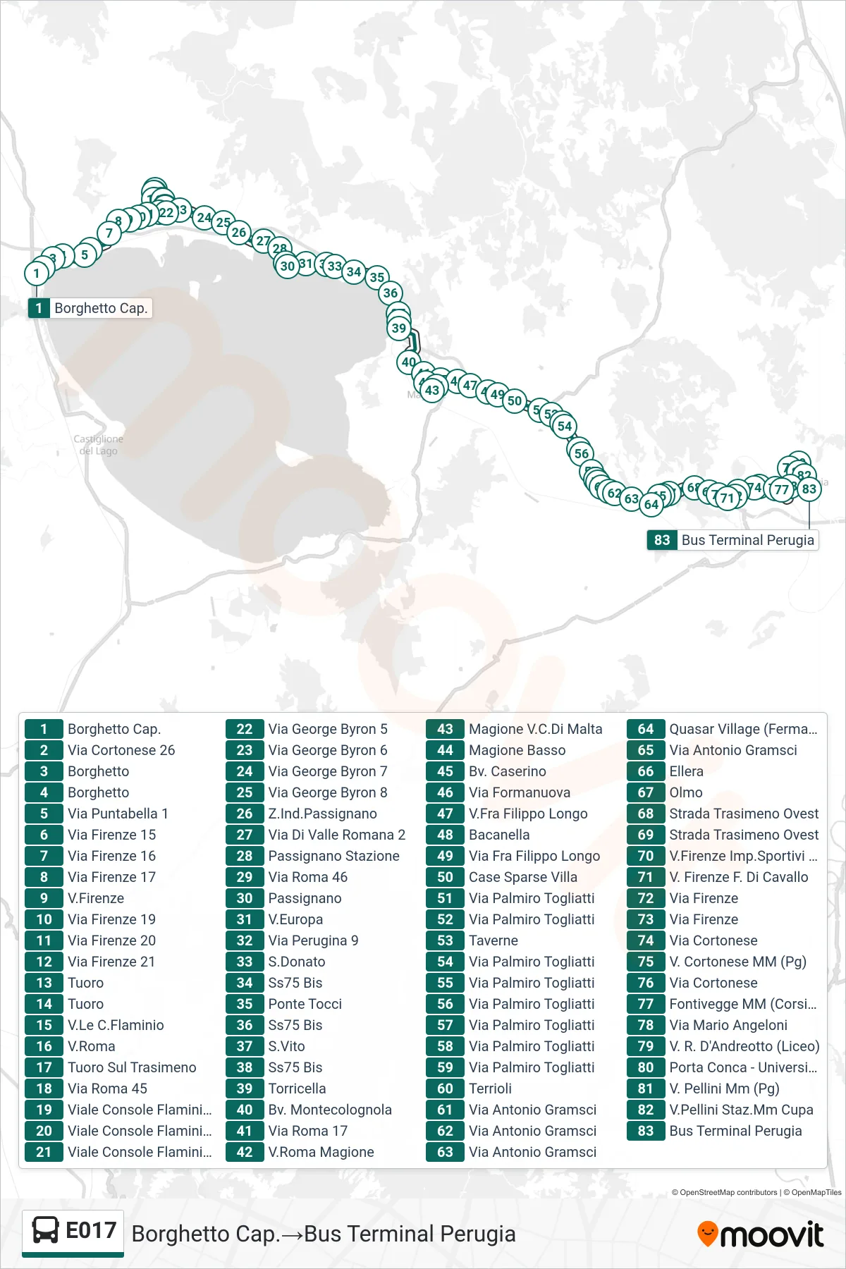 Linea E017  bus (Borghetto Cap.‎→Bus Terminal Perugia) - Percorsi e fermate sulla mappa