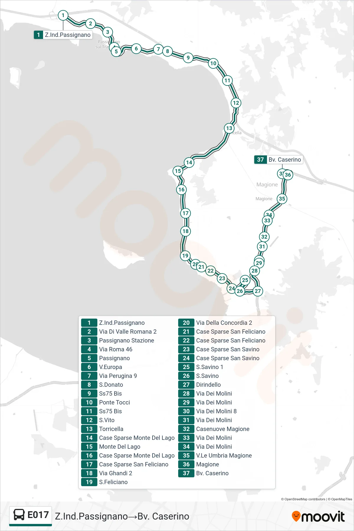 Linea E017  bus (Z.Ind.Passignano‎→Bv. Caserino) - Percorsi e fermate sulla mappa