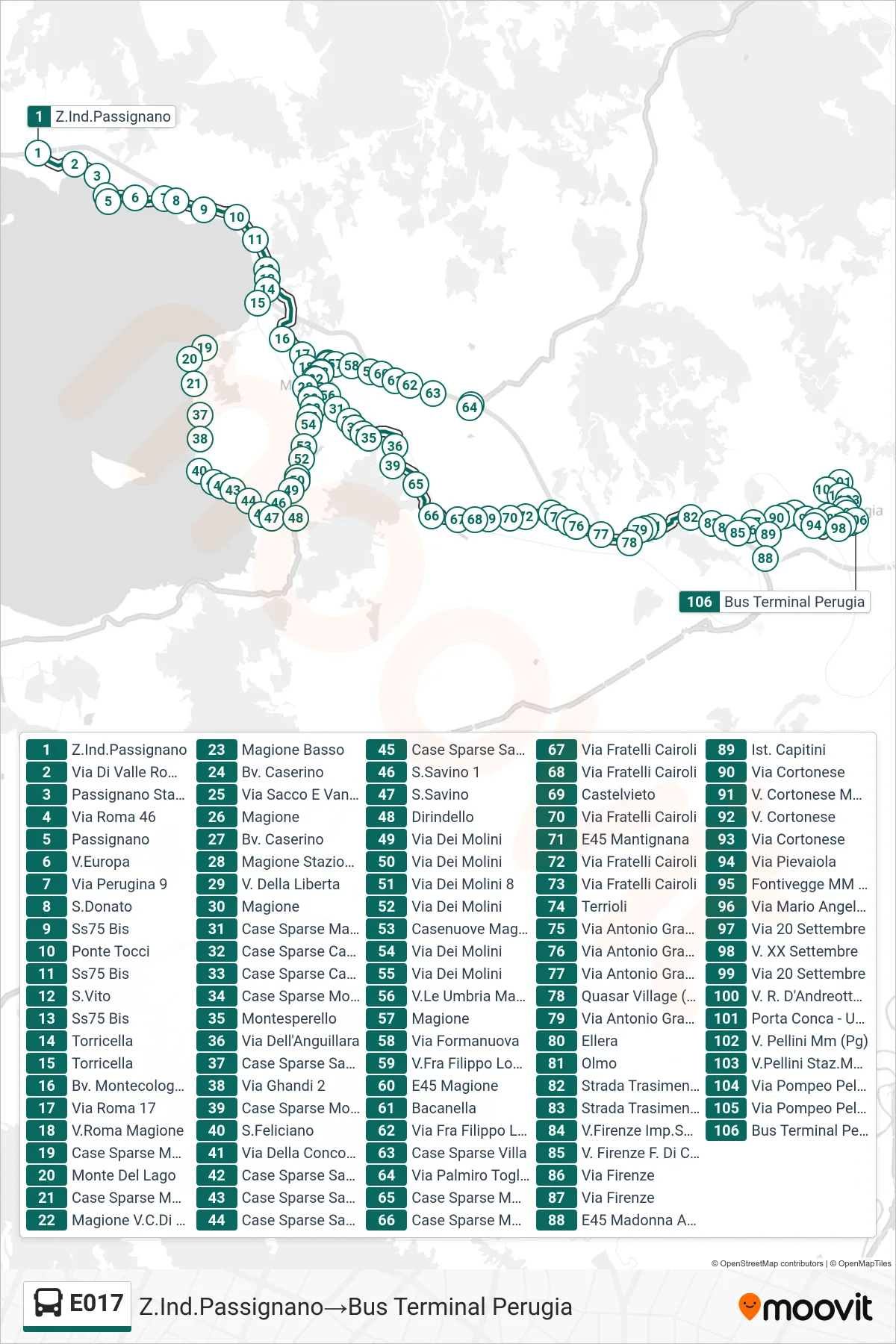 Linea E017 bus (Z.Ind.Passignano→Bus Terminal Perugia) - Percorsi e fermate sulla mappa
