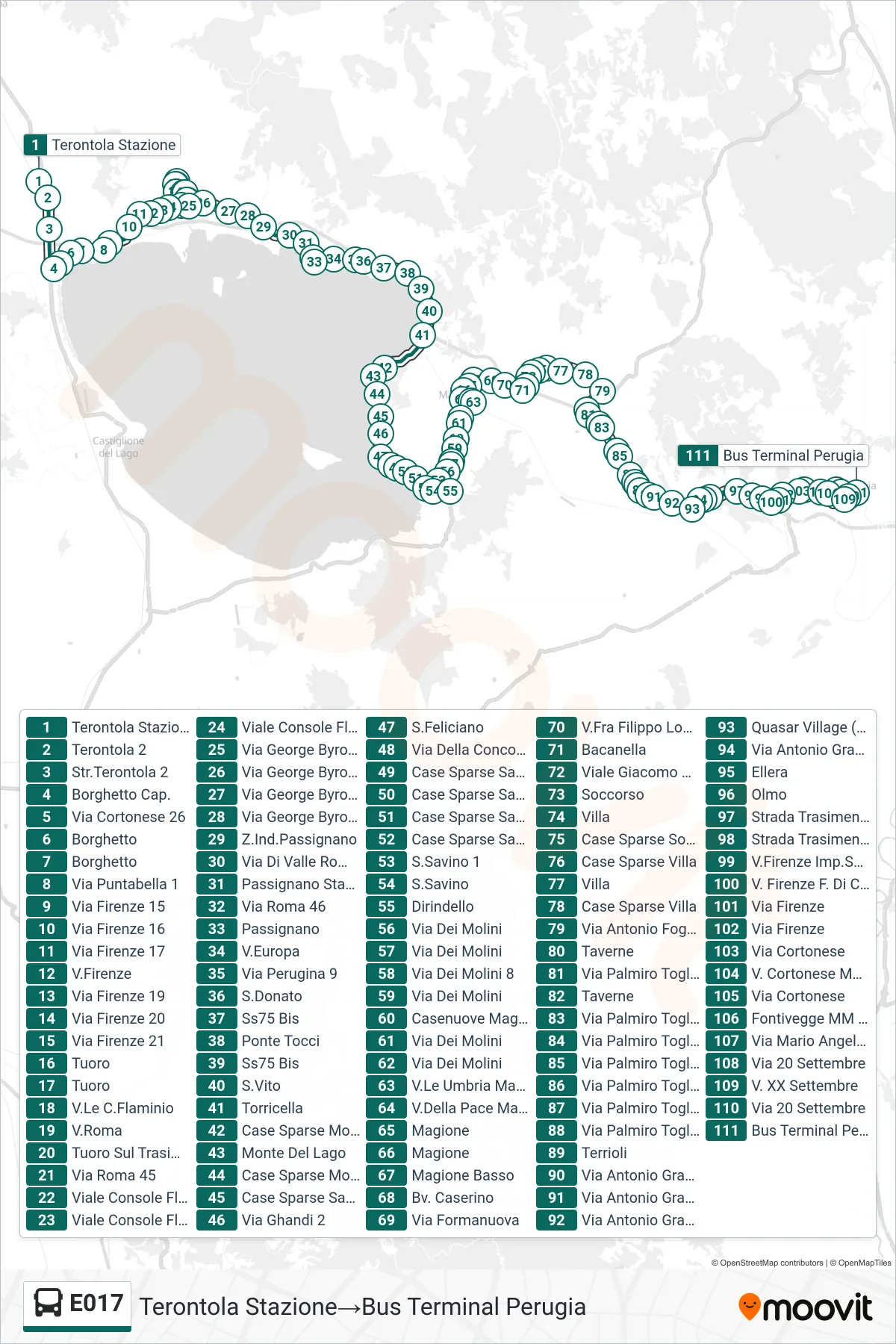 Linea E017  bus (Terontola Stazione‎→Bus Terminal Perugia) - Percorsi e fermate sulla mappa