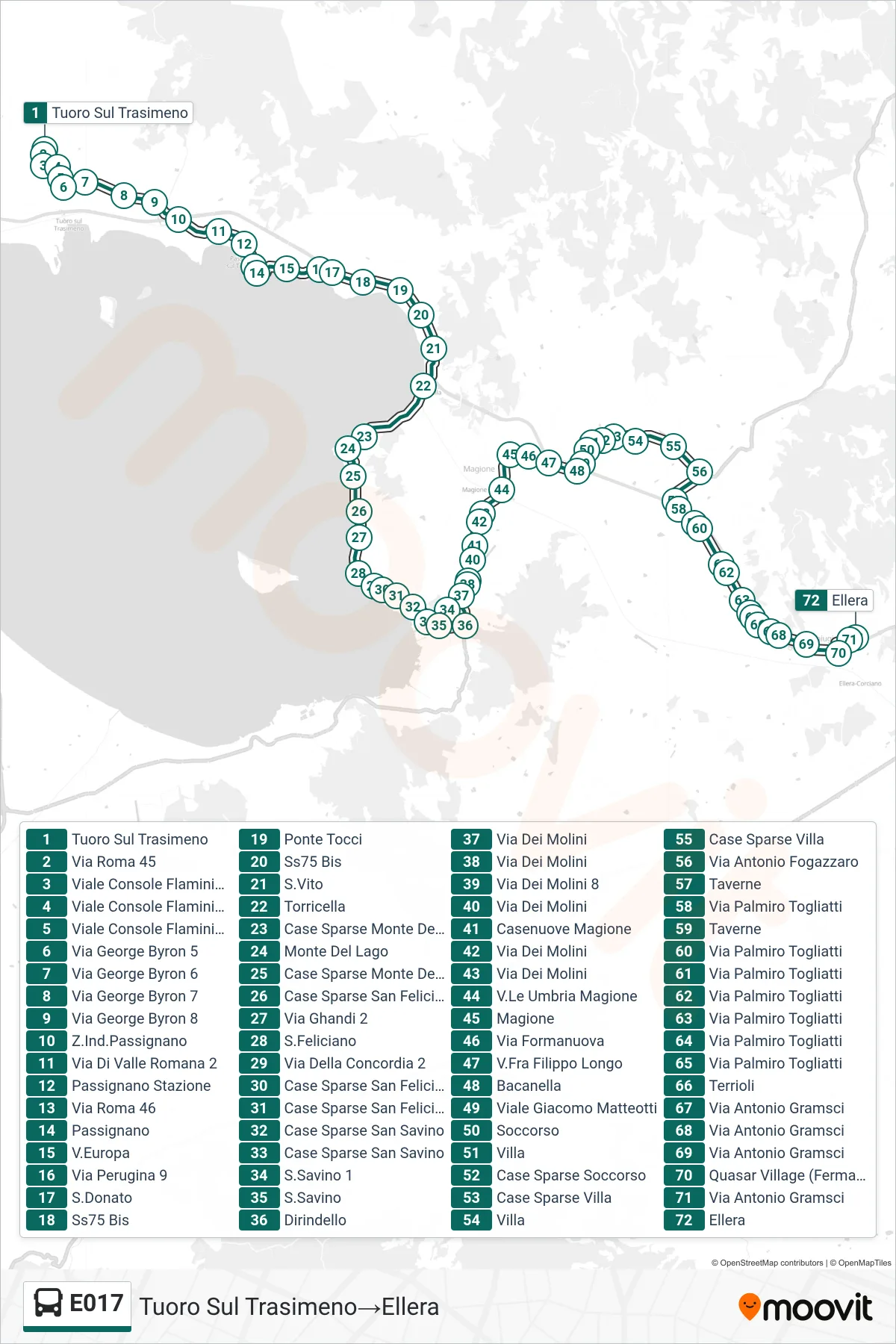 Linea E017 bus (Tuoro Sul Trasimeno→Ellera) - Percorsi e fermate sulla mappa