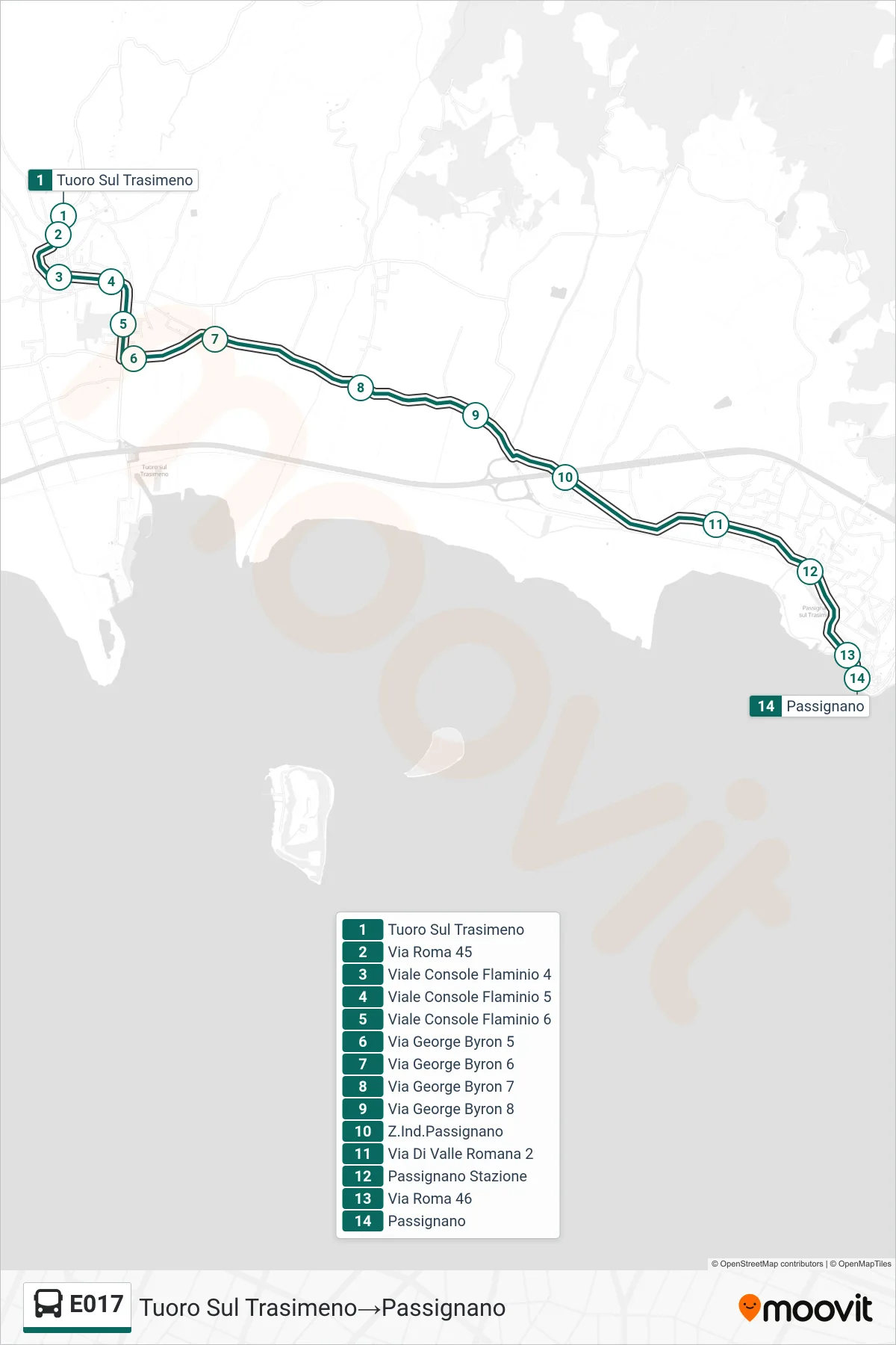 Linea E017  bus (Tuoro Sul Trasimeno‎→Passignano) - Percorsi e fermate sulla mappa