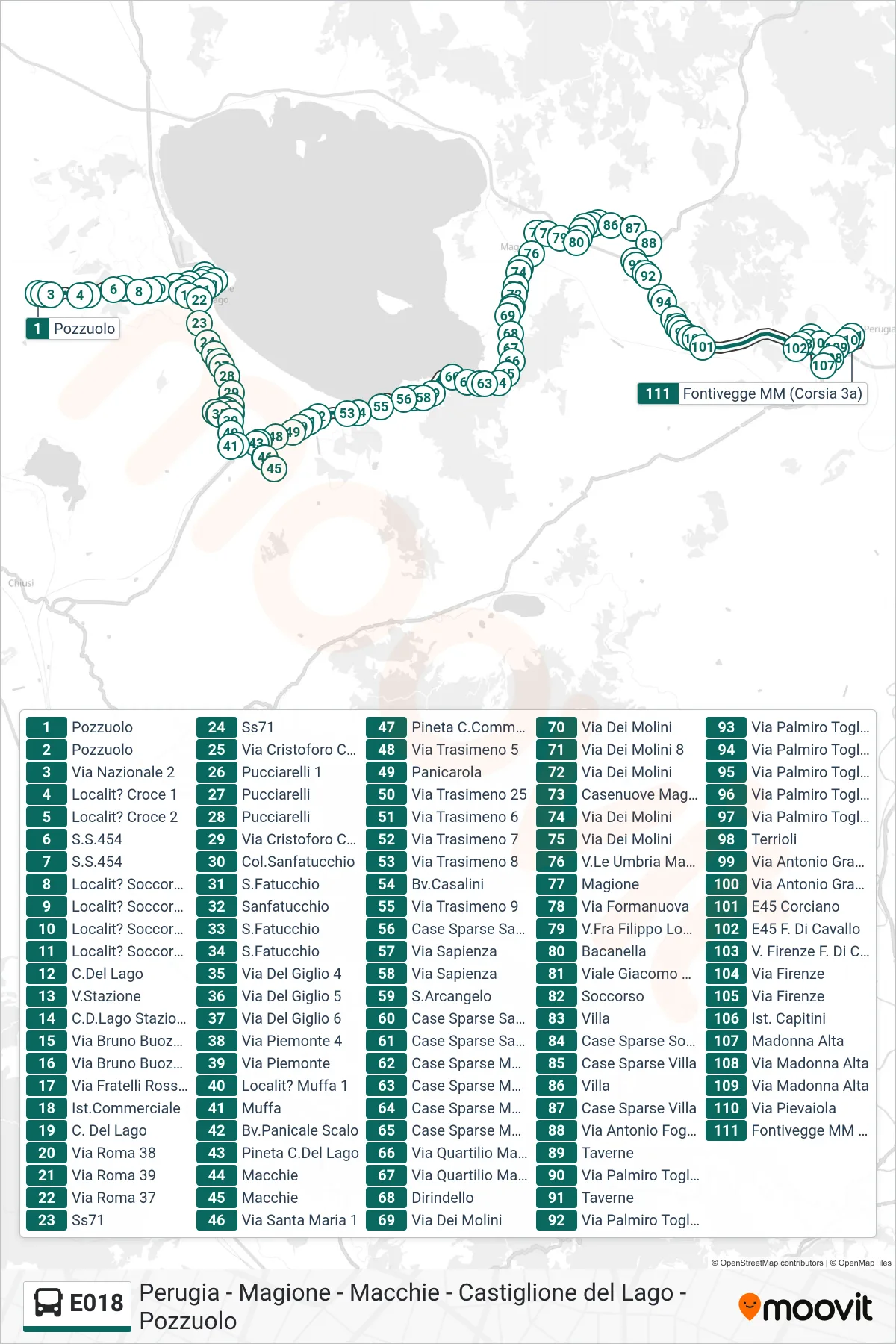 E018 bus Line (Pozzuolo→Fontivegge MM (Platform 3a)) route and stops on a map