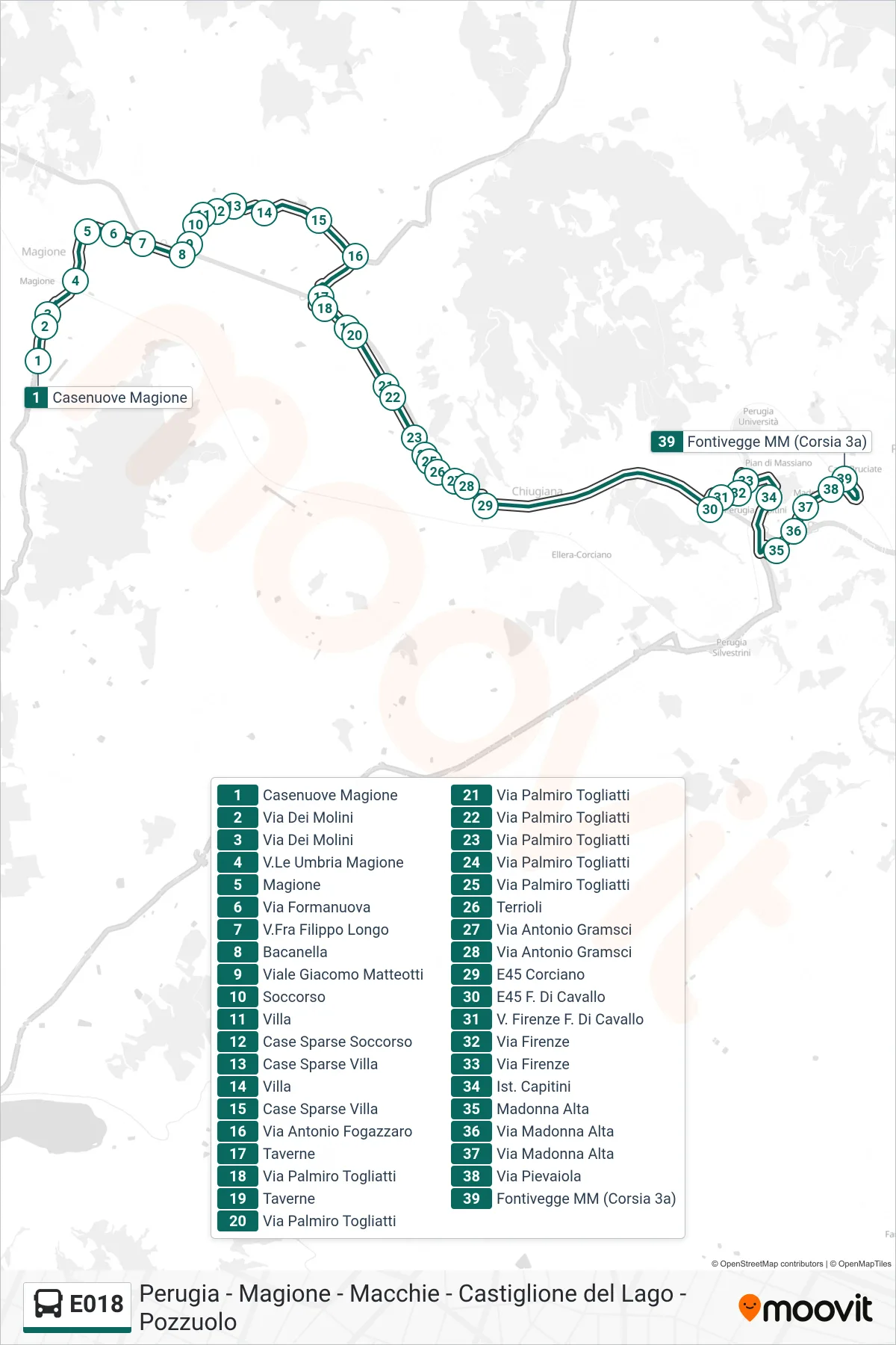 Linea E018  bus (Casenuove Magione‎→Fontivegge M​M (Corsia 3a)) - Percorsi e fermate sulla mappa