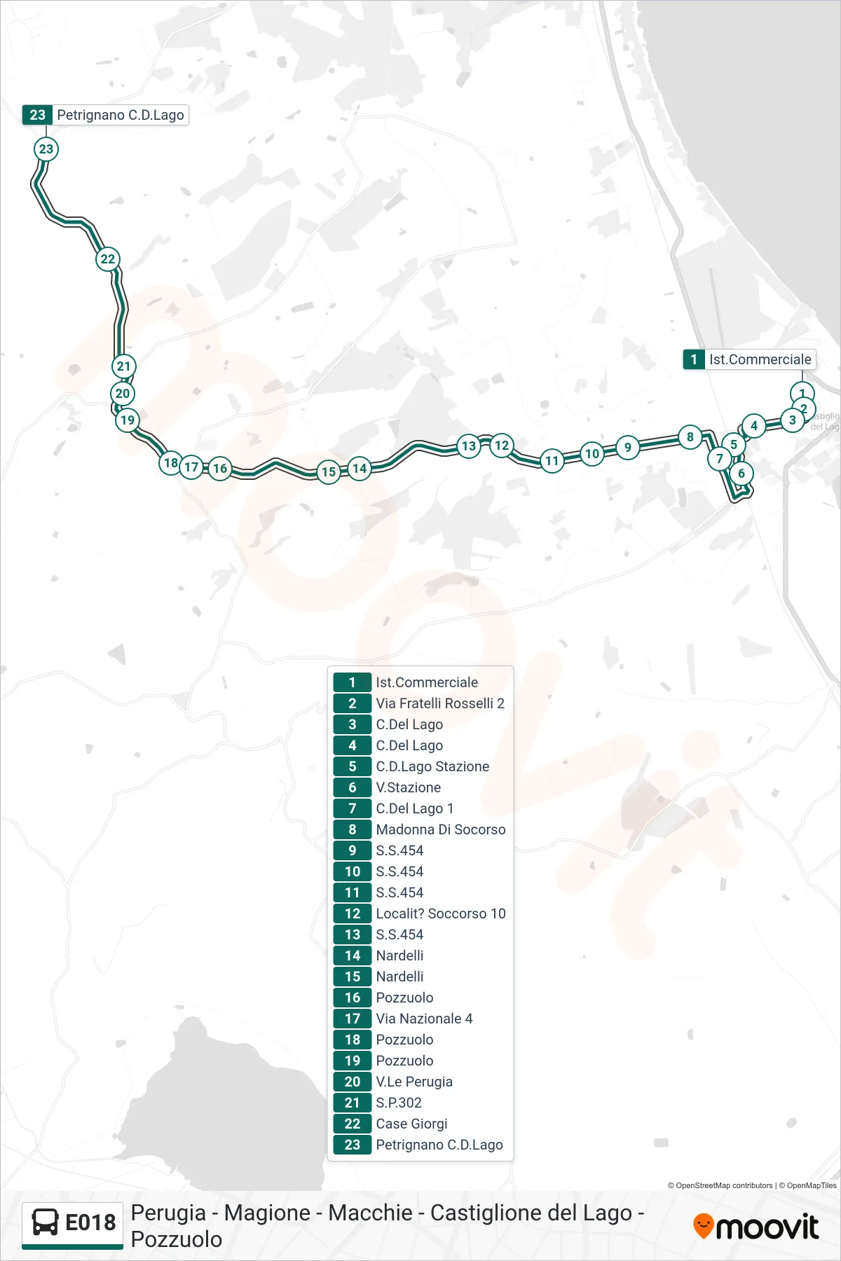 E018 bus Line (Commercial Institute→Petrignano Castiglione del Lago) route and stops on a map