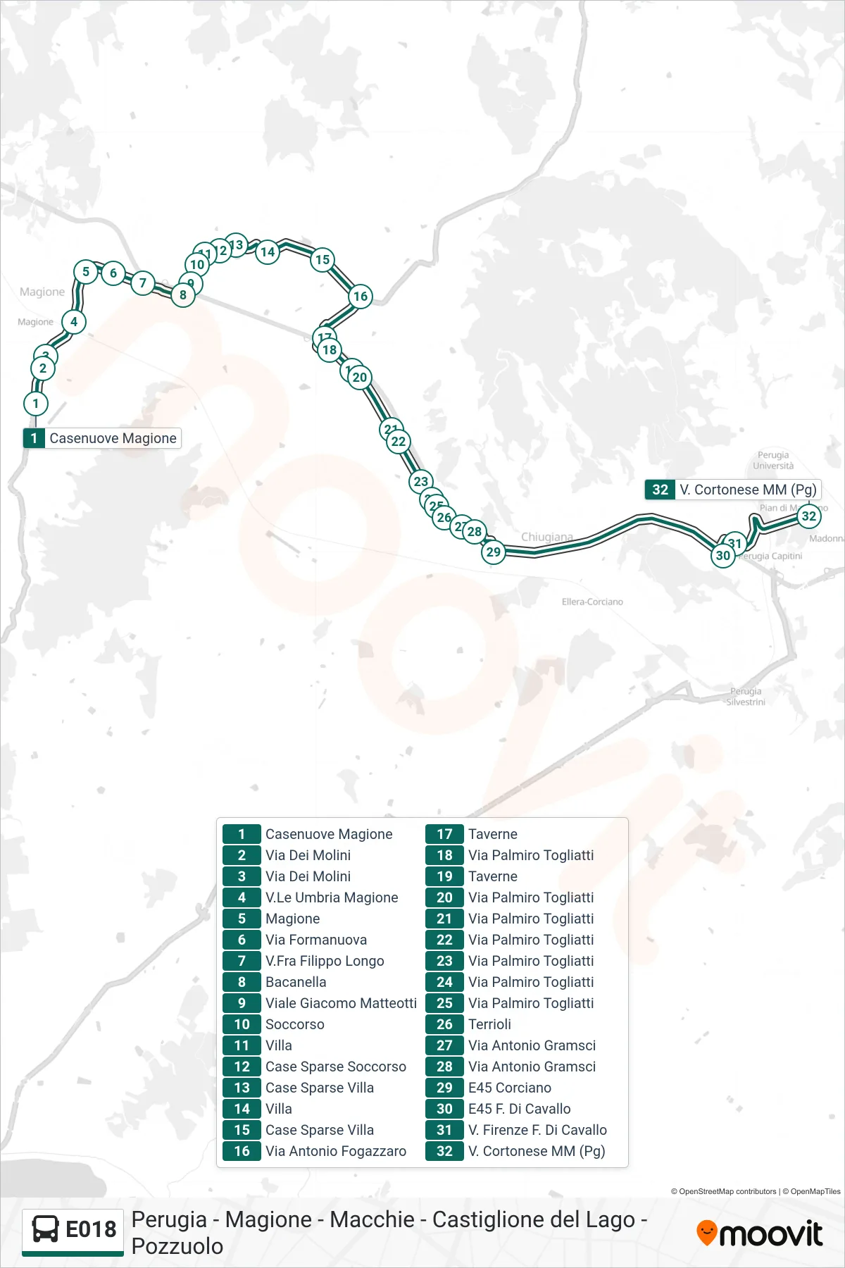 E018 bus Line (Casenuove Magione‎→Via Cortonese MM (Perugia)) route and stops on a map