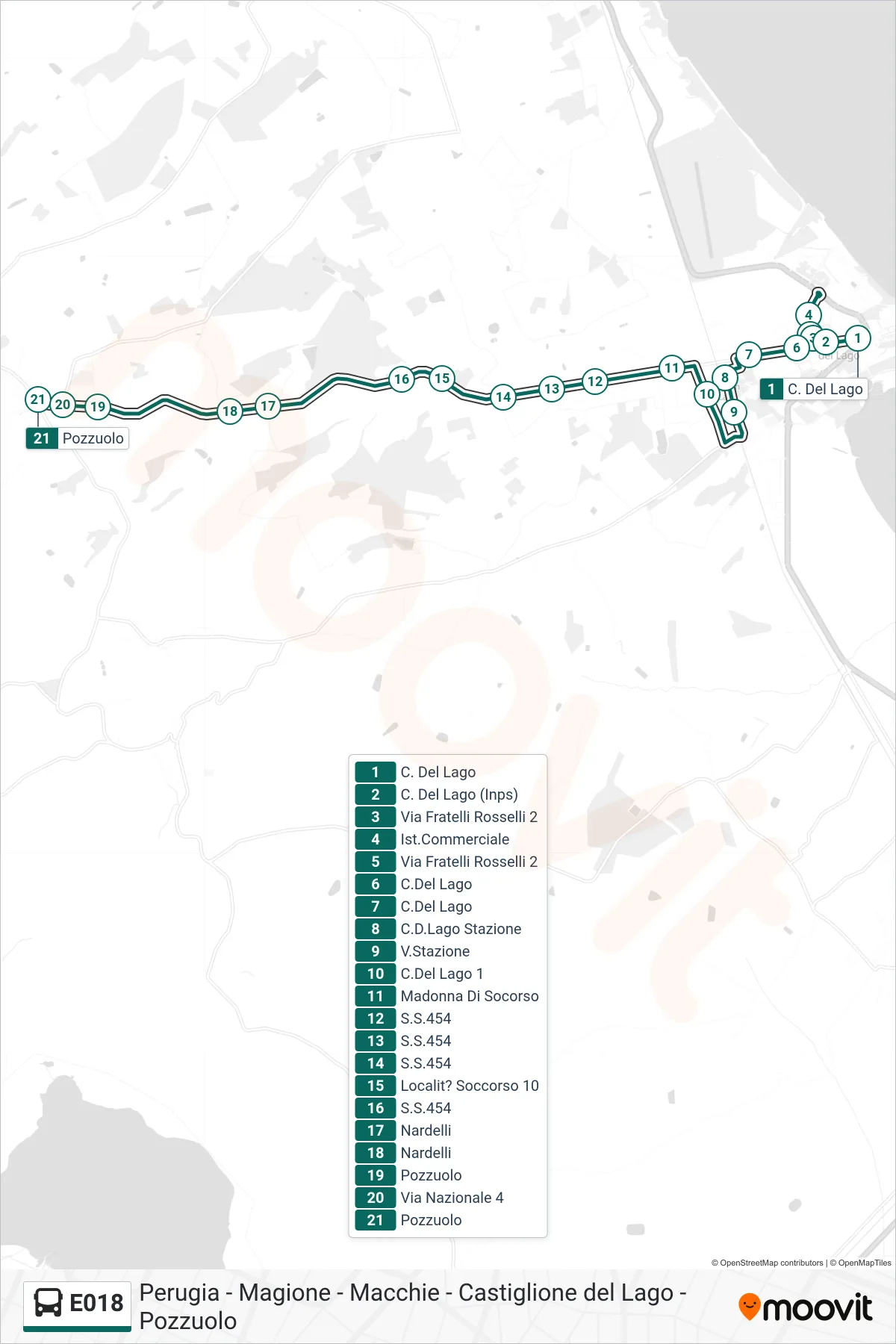 Linea E018  bus (C. Del Lago‎→Pozzuolo) - Percorsi e fermate sulla mappa